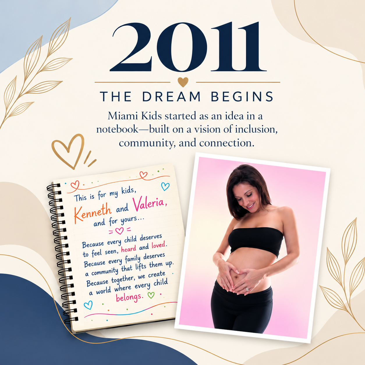 “2011 · The Dream Begins”: la libreta de Karla, escrita para sus hijos Kenneth y Valeria, junto a una foto de ella esperando a su hijo