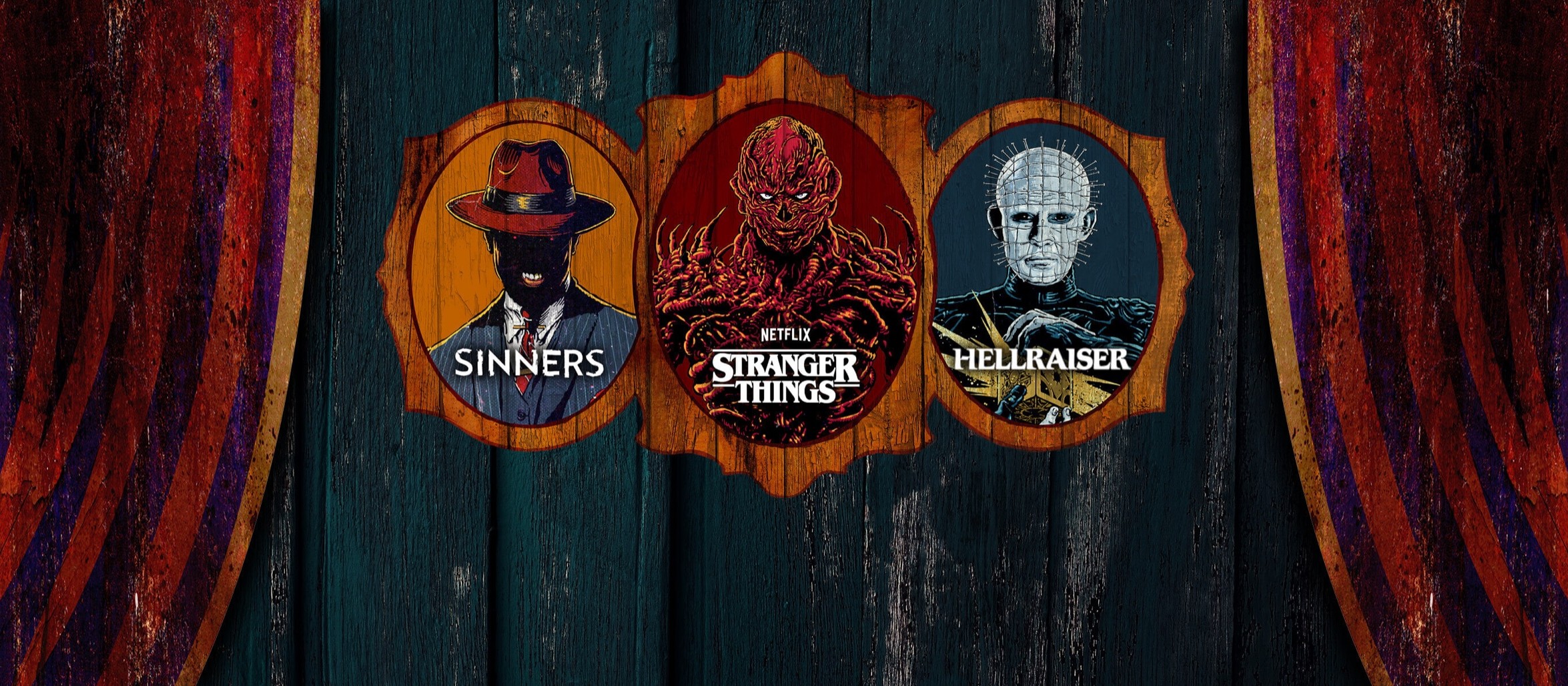 Painted portraits of Stack from Sinners, Vecna from Stranger Things and Pinhead from Hellraiser in carved wooden frames on an old plank wall between red curtains