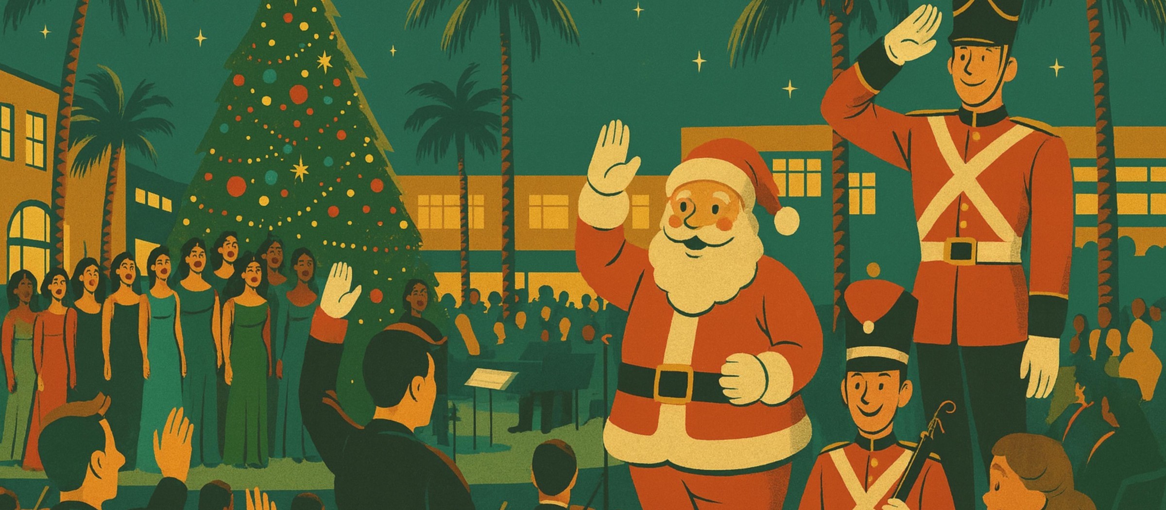 Illustration of Santa waving beside toy soldiers, an orchestra and a choir in front of a lit Christmas tree among palm trees