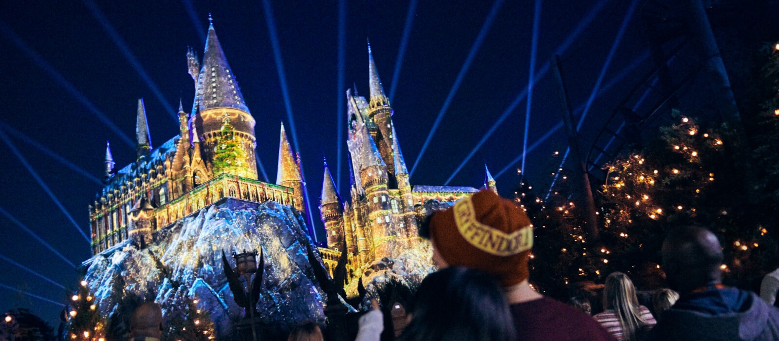 Guests watching Hogwarts castle lit up by a colorful Christmas projection show