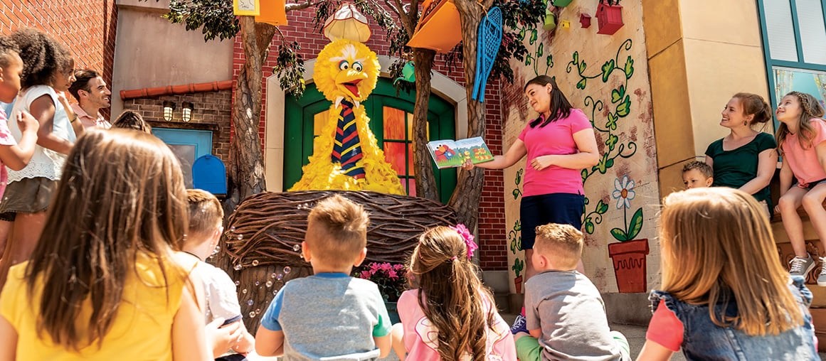 Children sitting on the ground listening to a story beside Big Bird in Sesame Street Land