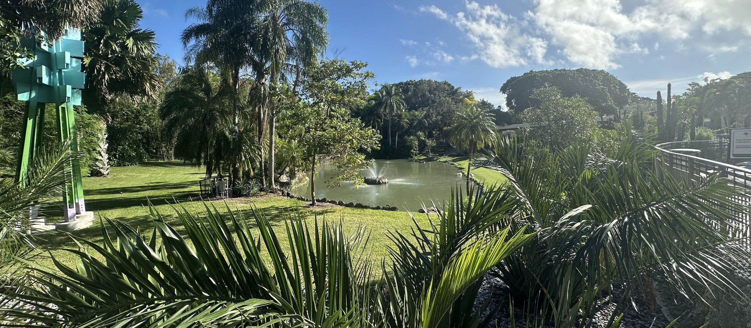 Palm trees around the lake at Pinecrest Gardens on a sunny day