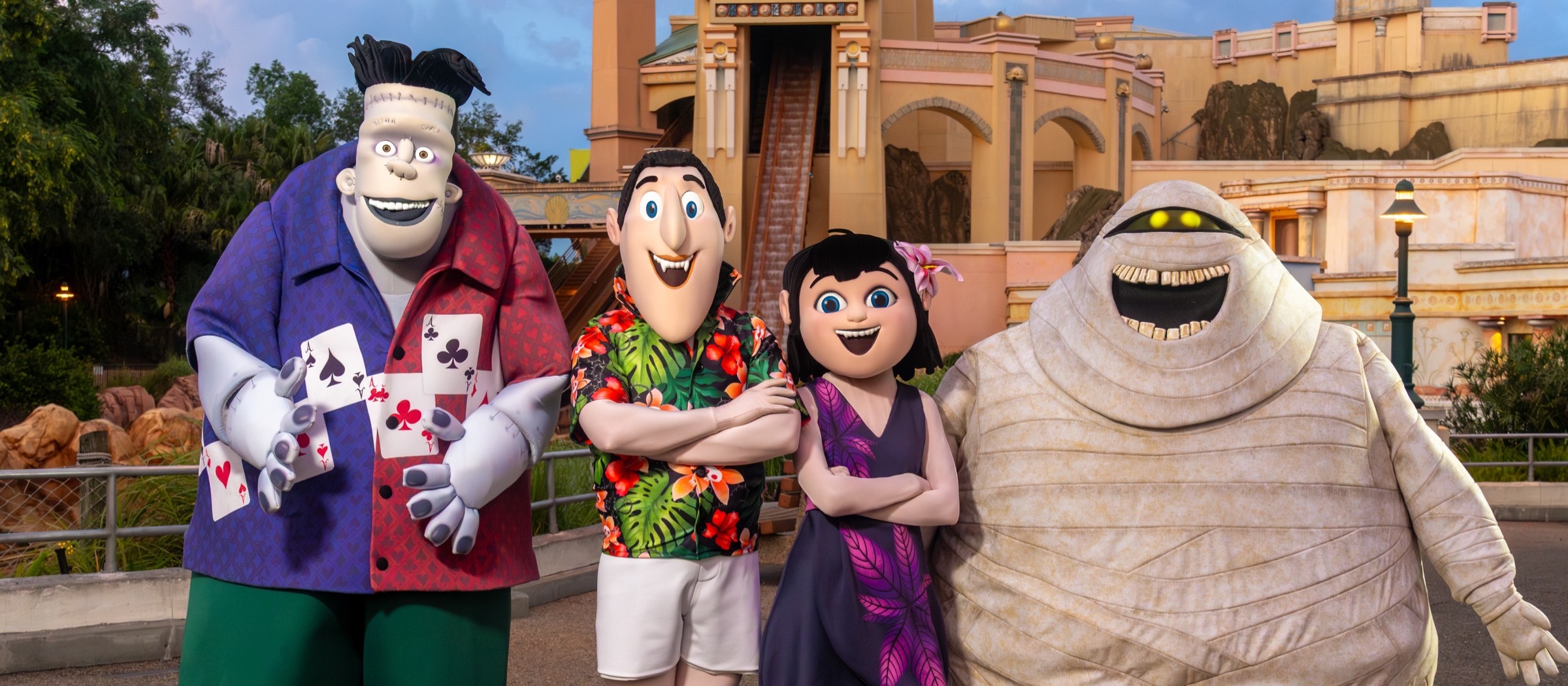 Frankenstein, Johnny, Mavis and Murray the mummy from Hotel Transylvania posing together at SeaWorld Orlando