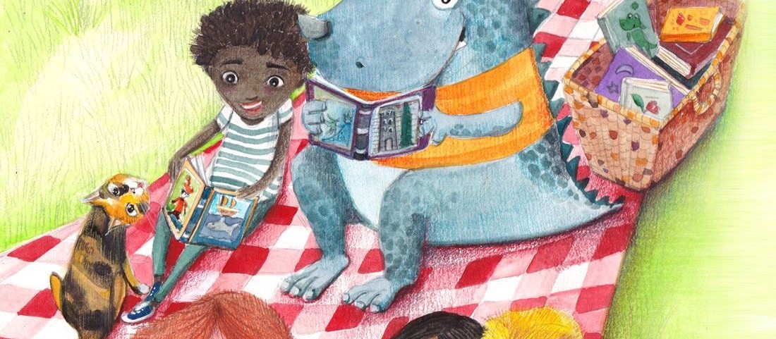 Illustration of children and a blue dinosaur reading books on a red-checkered picnic blanket