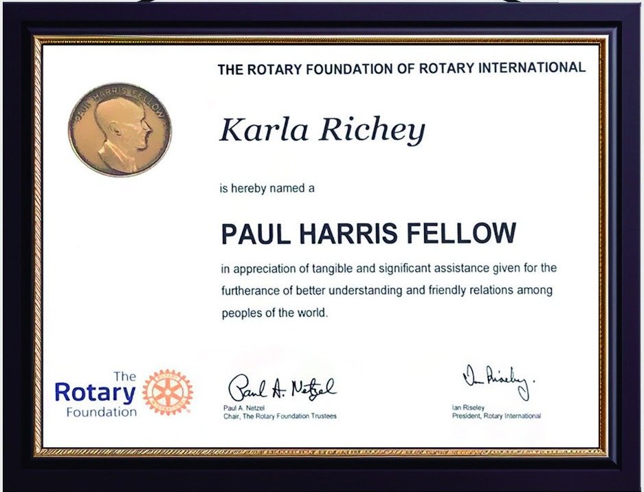Certificado enmarcado de The Rotary Foundation que nombra a Karla Richey Paul Harris Fellow