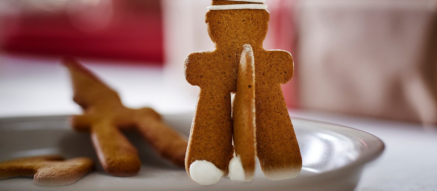 A gingerbread elf with a white-striped icing hat standing on a plate, holiday lights blurred behind
