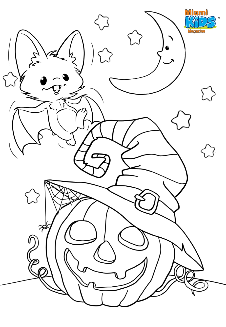 Página para colorear: calabaza y murciélago de Halloween