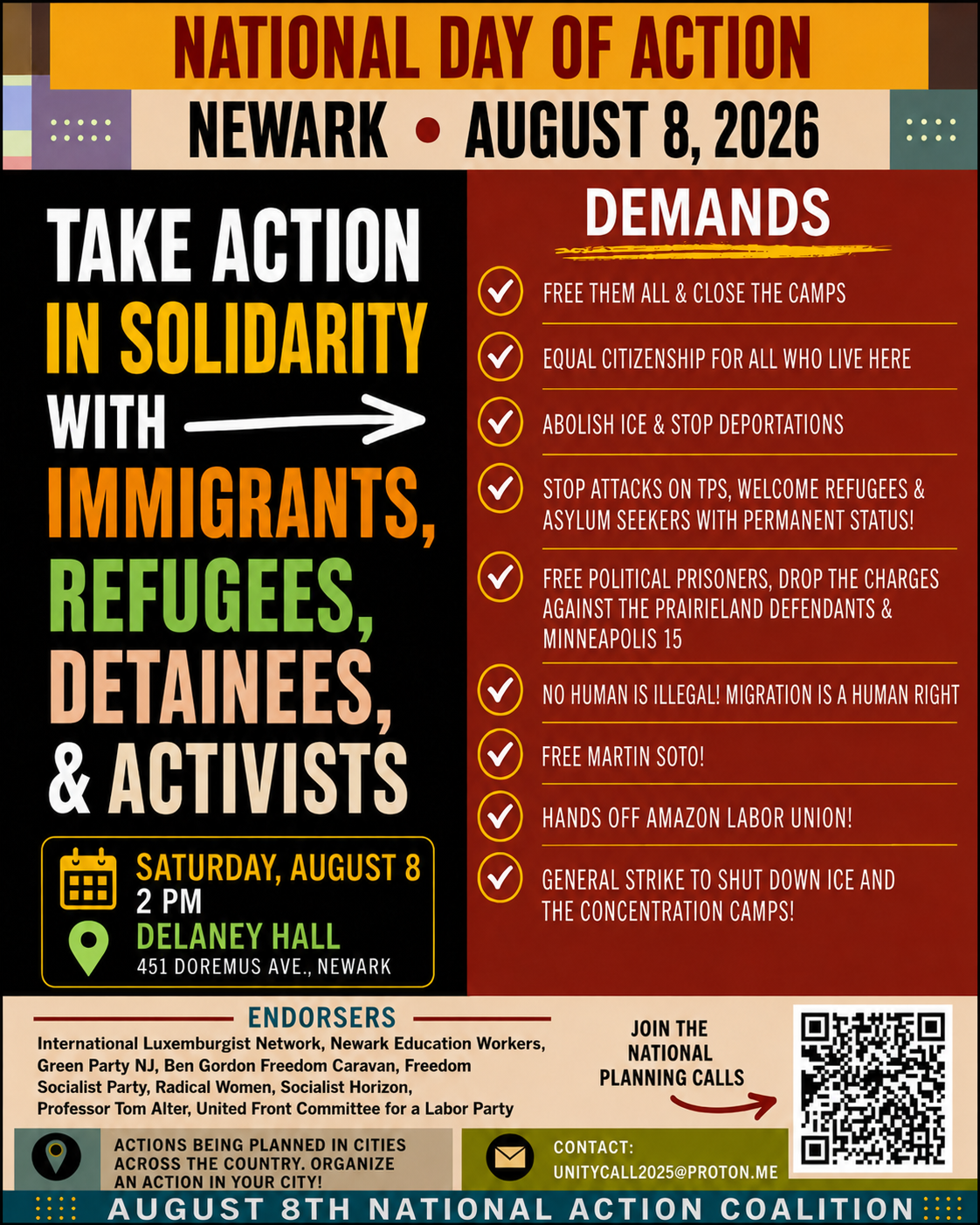 National Day of Action flyer: Newark, August 8, 2026, with the demands of the action and endorsing organizations