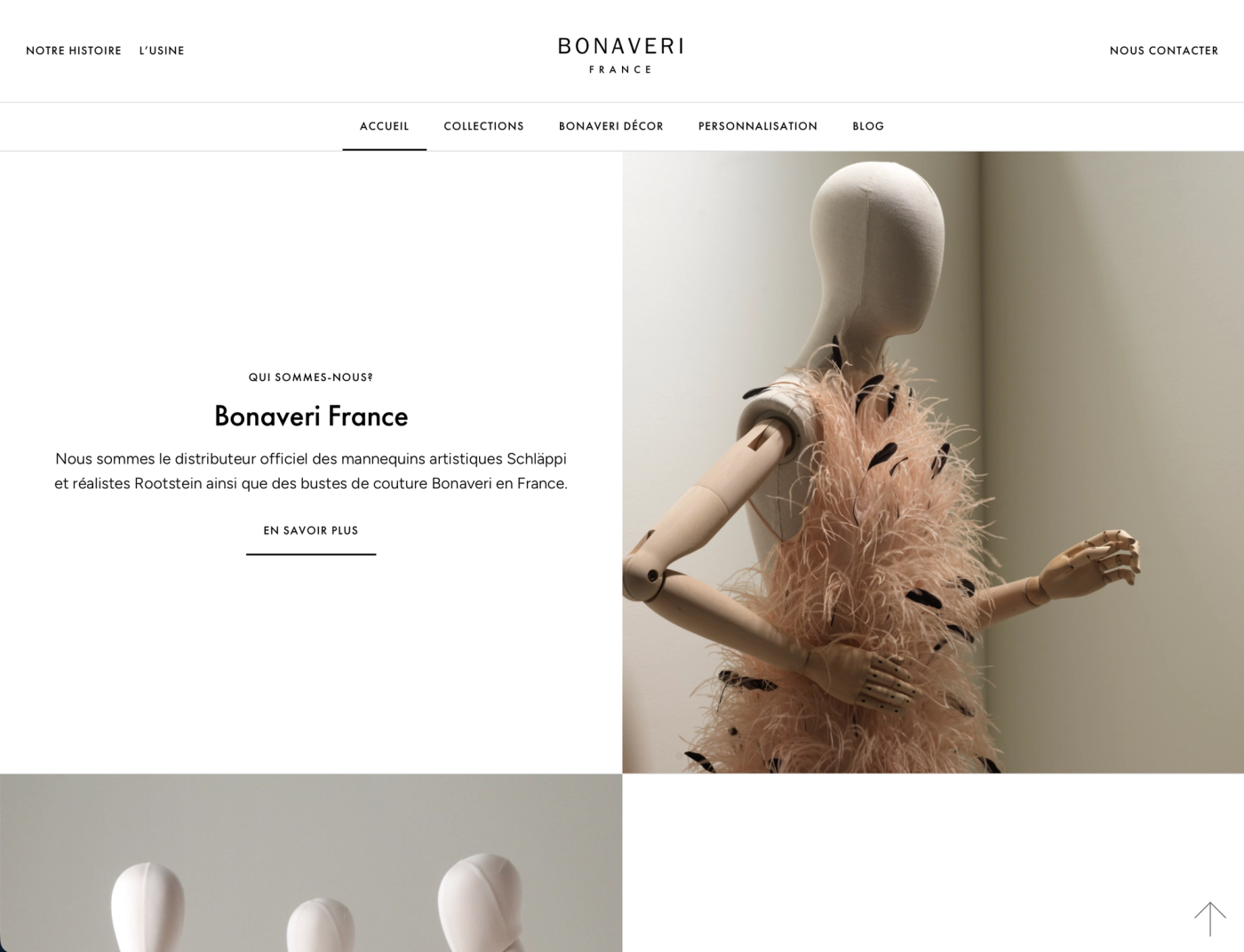 Bonaveri France homepage featuring a mannequin in a feathered garment