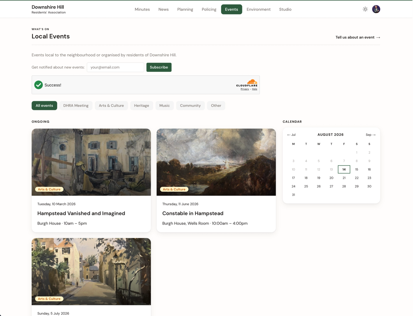 Local events page with illustrated event cards and a calendar