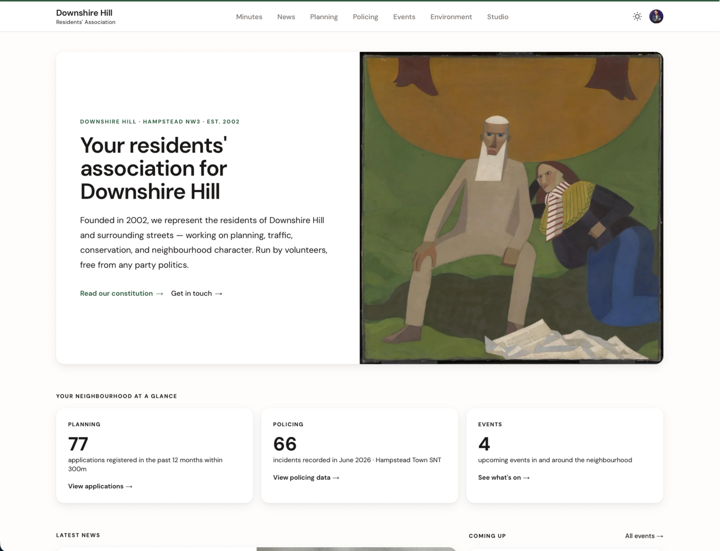 Downshire Hill Residents’ Association homepage with welcome text and local artwork
