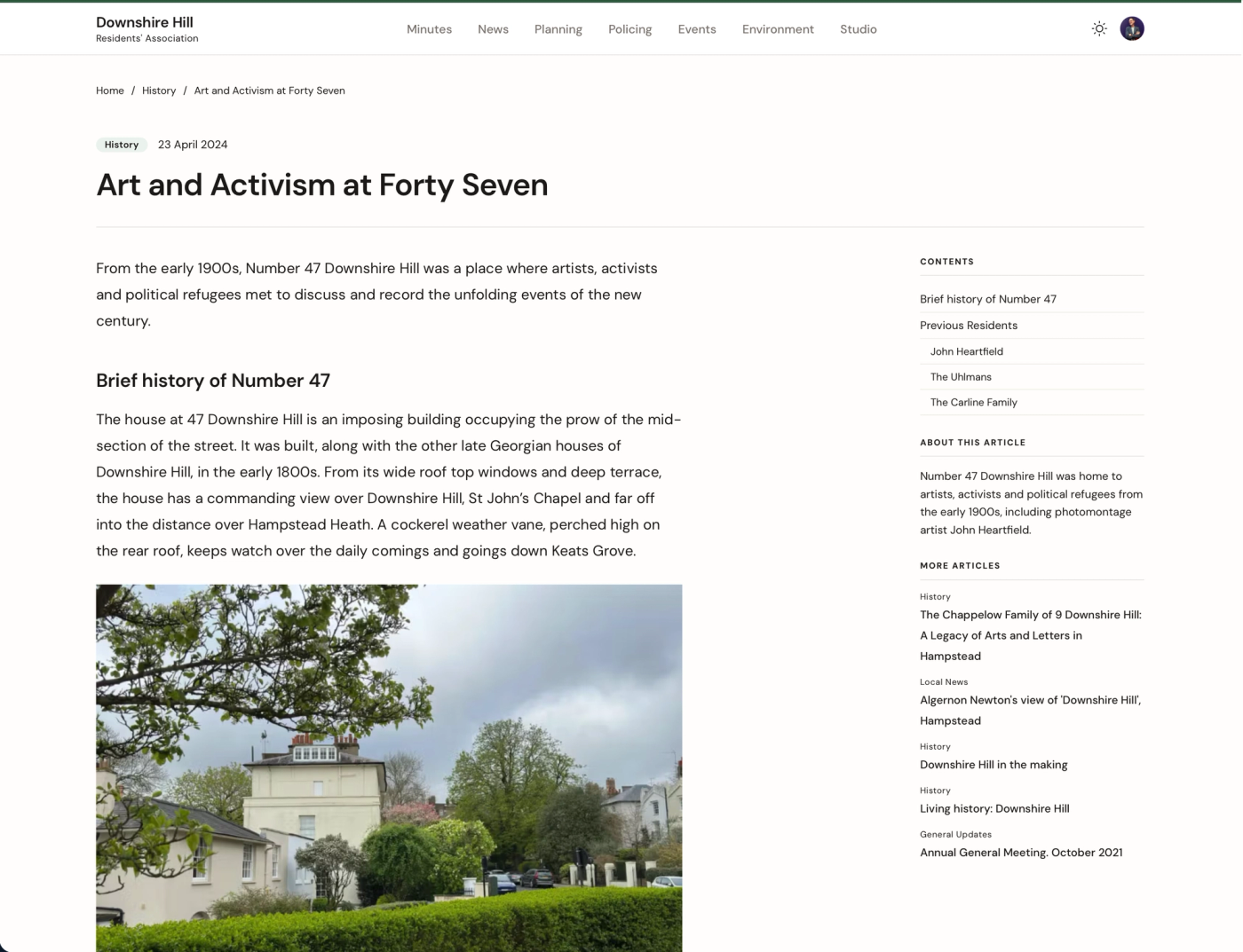 Downshire Hill history article page with text and a house photograph