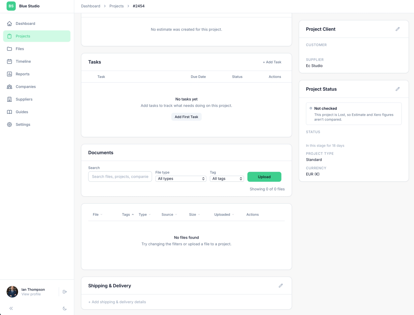 Blue Studio Projects dashboard showing project details, tasks and delivery tracking
