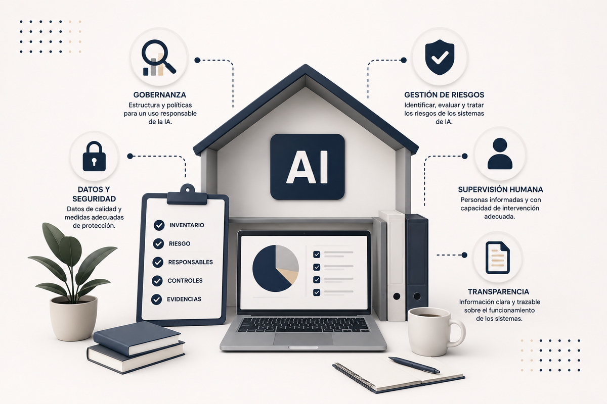 *Este contenido tiene carácter informativo y no sustituye el asesoramiento jurídico individualizado.*  ### Fuentes consultadas  - [ISO — ISO/IEC 42001:2023, Artificial intelligence management system](https://www.iso.org/standard/42001) - [IEC — ISO/IEC 42001:2023](https://webstore.iec.ch/en/publication/90574) - [Comisión Europea — AI Act: marco regulatorio](https://digital-strategy.ec.europa.eu/en/policies/regulatory-framework-ai) - [AI Act Service Desk — Calendario de aplicación del AI Act](https://ai-act-service-desk.ec.europa.eu/en/ai-act/eu-ai-act-implementation-timeline)  *Fuentes verificadas en julio de 2026.*