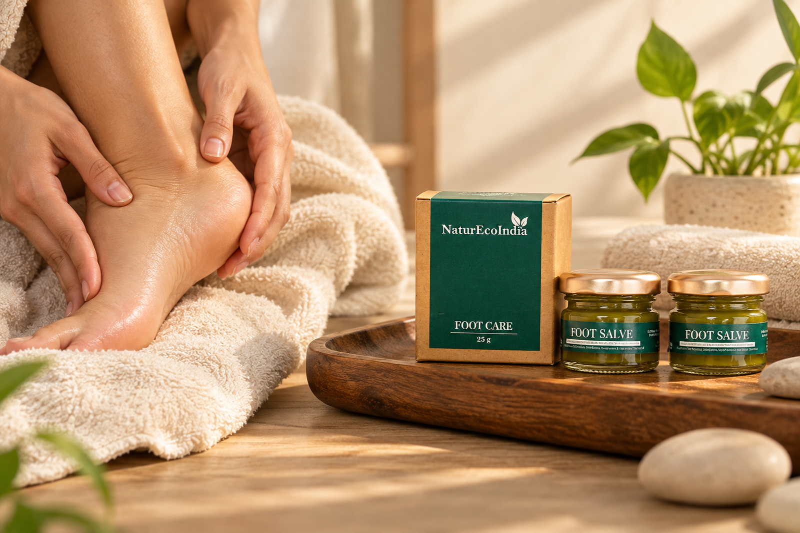 Woman massaging her heel beside NaturEcoIndia Foot Salve jars and box on a wooden tray