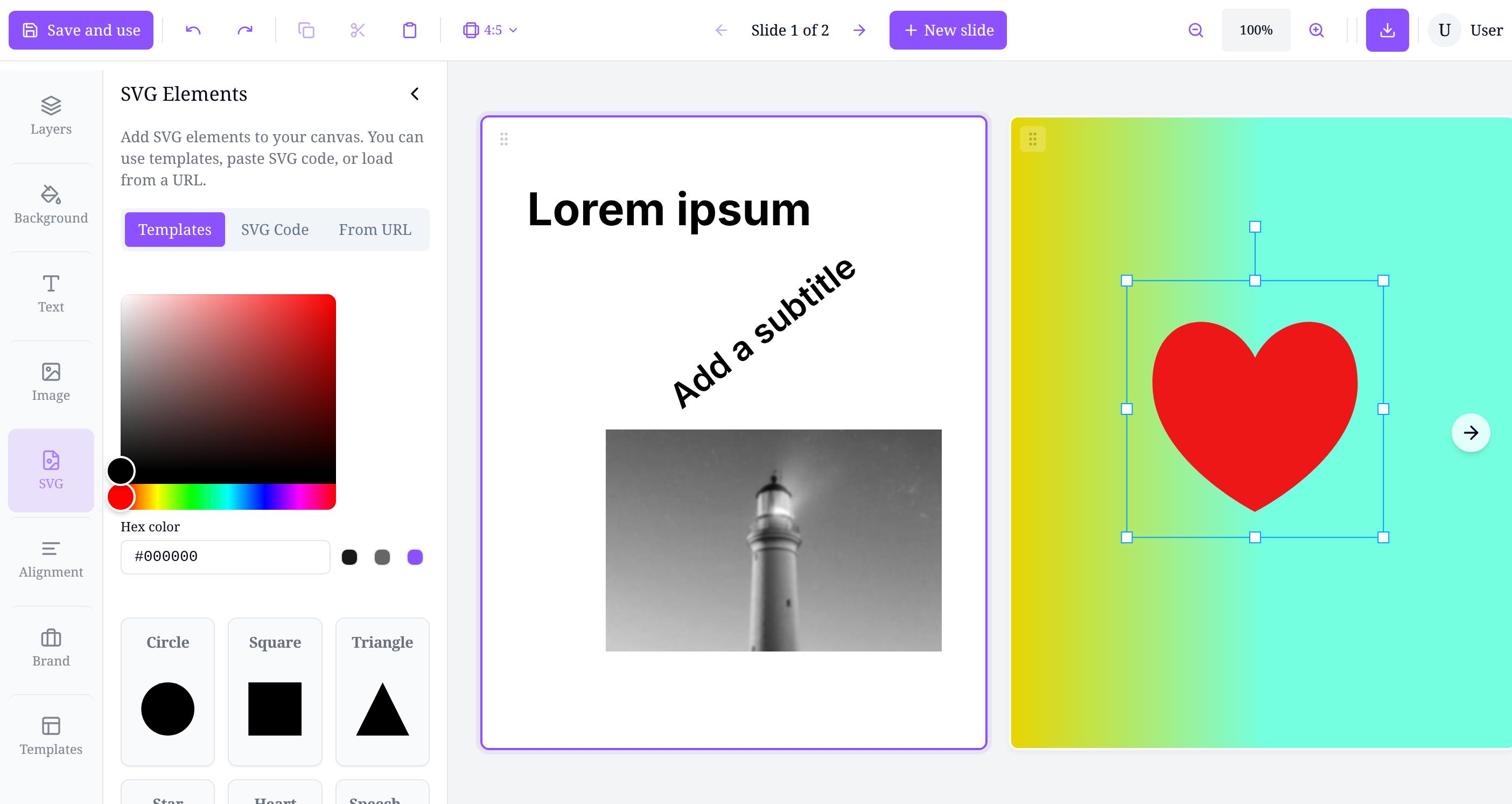 The carousel editor. A toolbar with save, undo, redo, a 4:5 aspect ratio and slide 1 of 2; on the left a panel of SVG elements with a colour picker and shape templates; on the canvas two slides, one with a title, a rotated subtitle and a lighthouse photo, the other a gradient background with a selected red heart.
