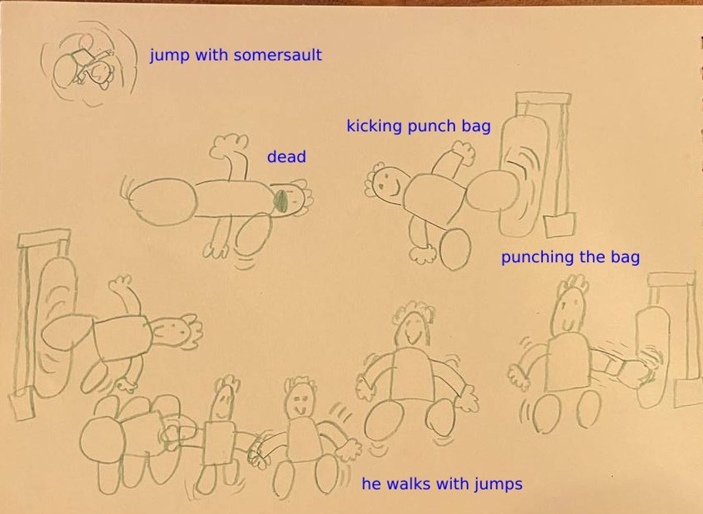 Pencil sprite sheet: somersault, dead, kicking the bag, punching the bag, three walking frames