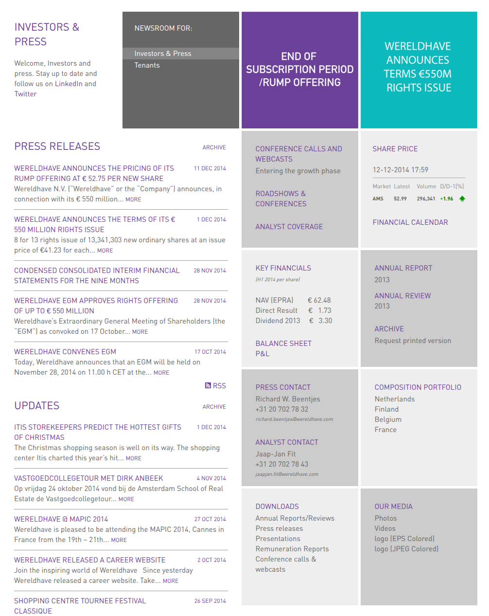 The Investors & Press newsroom: a dark tile switching the newsroom between Investors & Press and Tenants, two dated lists of press releases and updates each ending in an RSS link, and a column of tiles with the share price, the financial calendar, key financials per share, the annual report, press and analyst contacts, downloads and media.