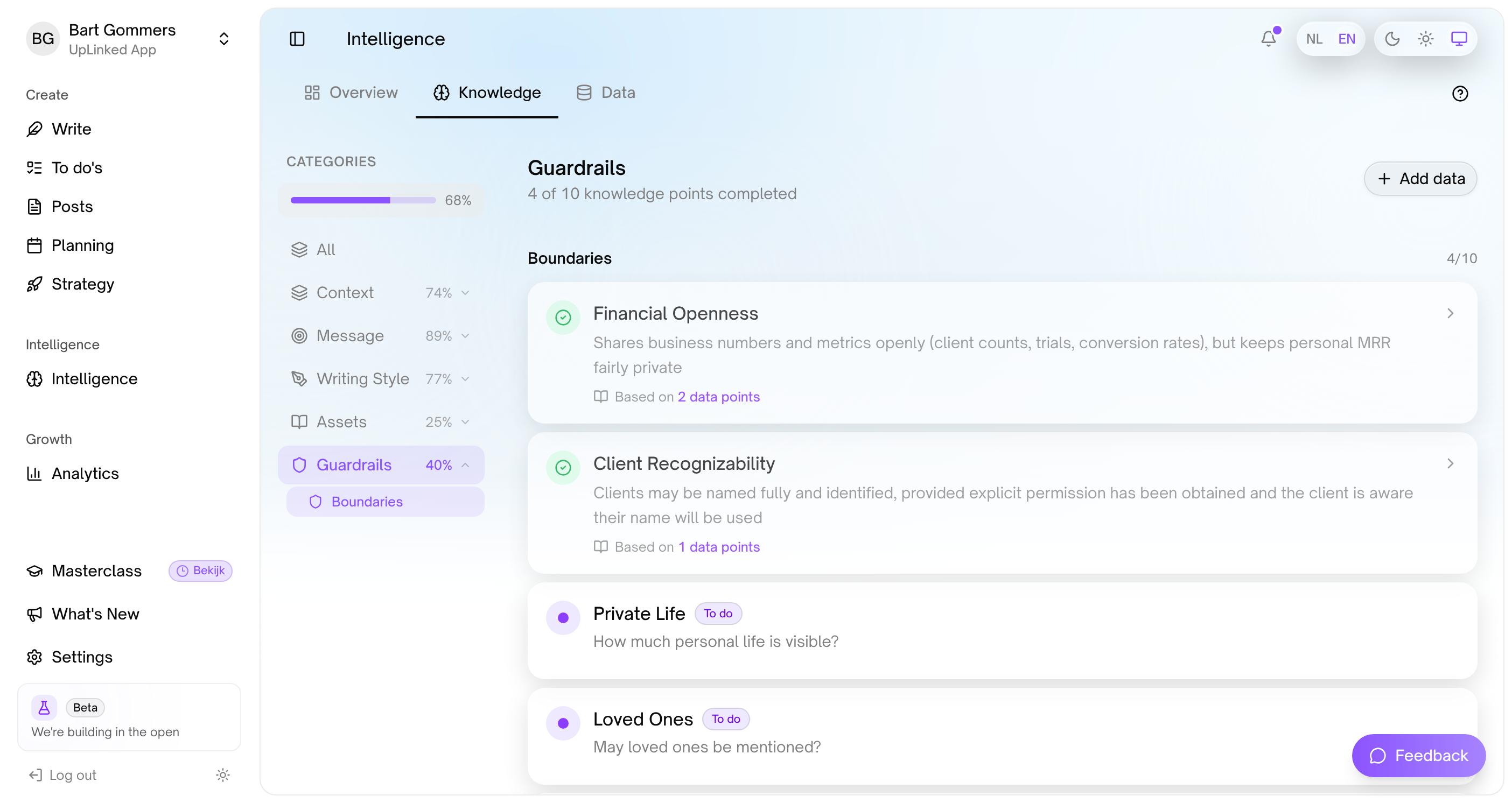 The Knowledge tab, Guardrails: Financial Openness and Client Recognizability filled in, Private Life and Loved Ones still to do.
