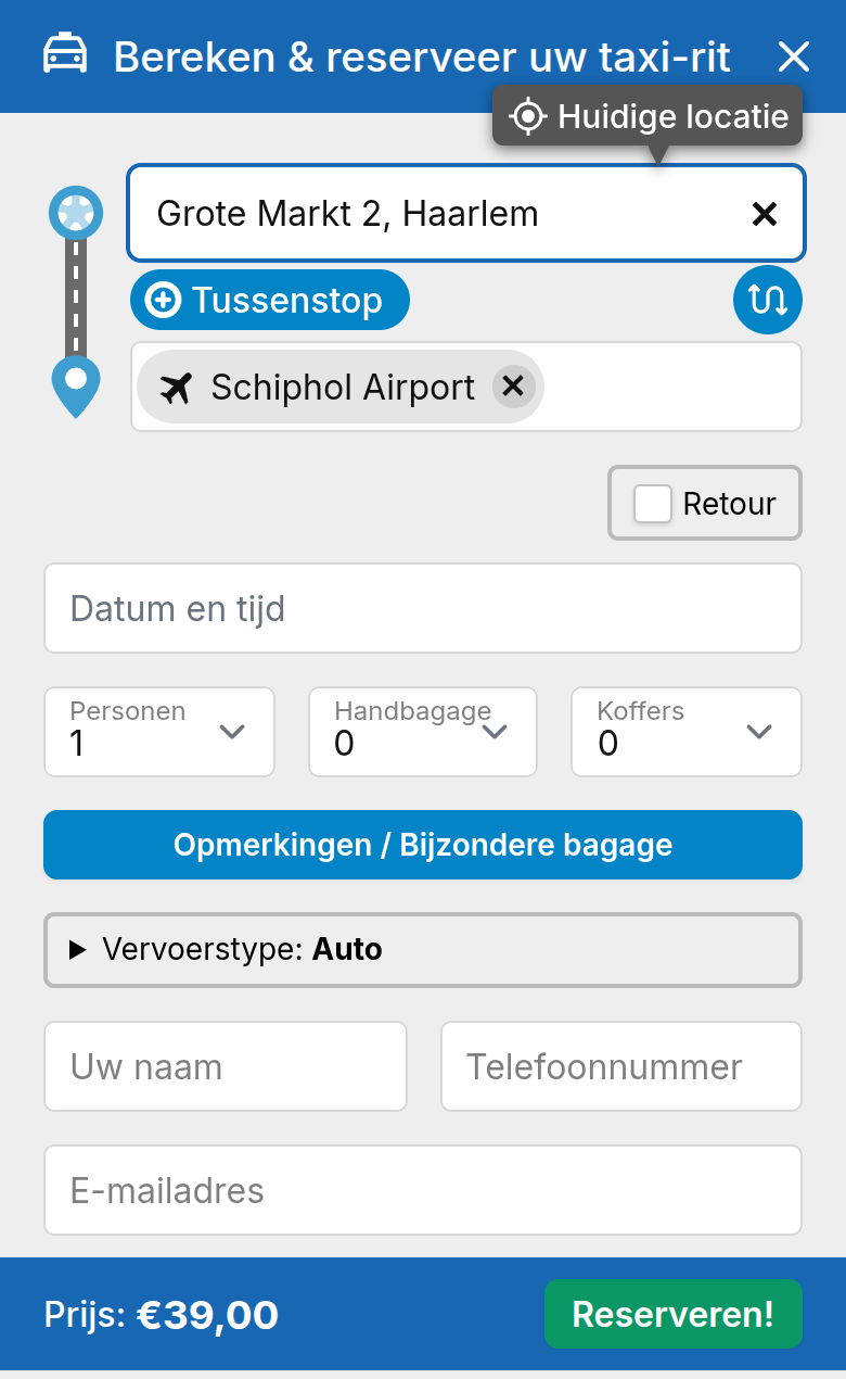 The booking form on a phone: pickup Grote Markt 2 Haarlem, destination Schiphol Airport, fields for date, passengers and luggage, and a footer showing the price €39,00 next to a green reserve button.