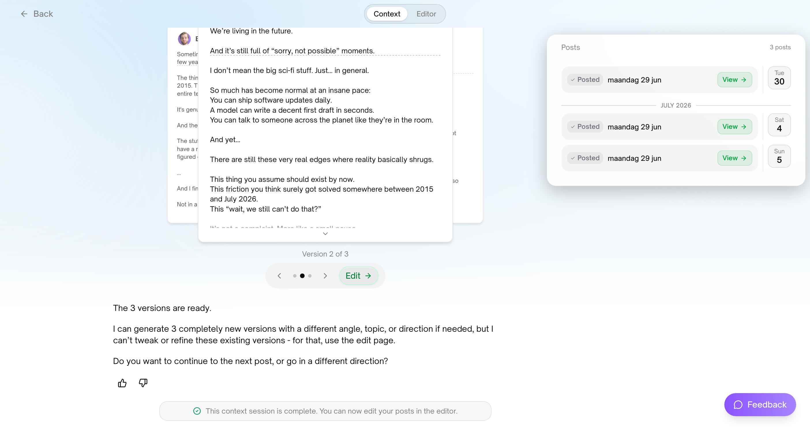 Three versions of a generated LinkedIn post shown as stacked cards, “Version 2 of 3” underneath with arrows and an Edit button, and the agent saying the three versions are ready.