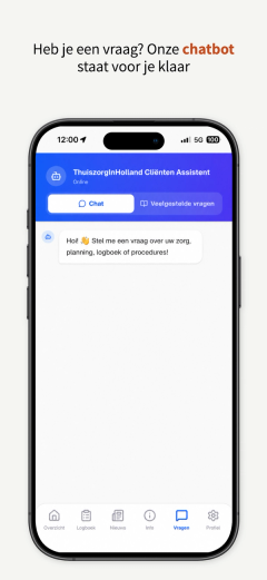 The chat screen: an assistant greeting the client and offering to answer questions about care, planning, the care log and procedures, beside a tab of frequently asked questions.