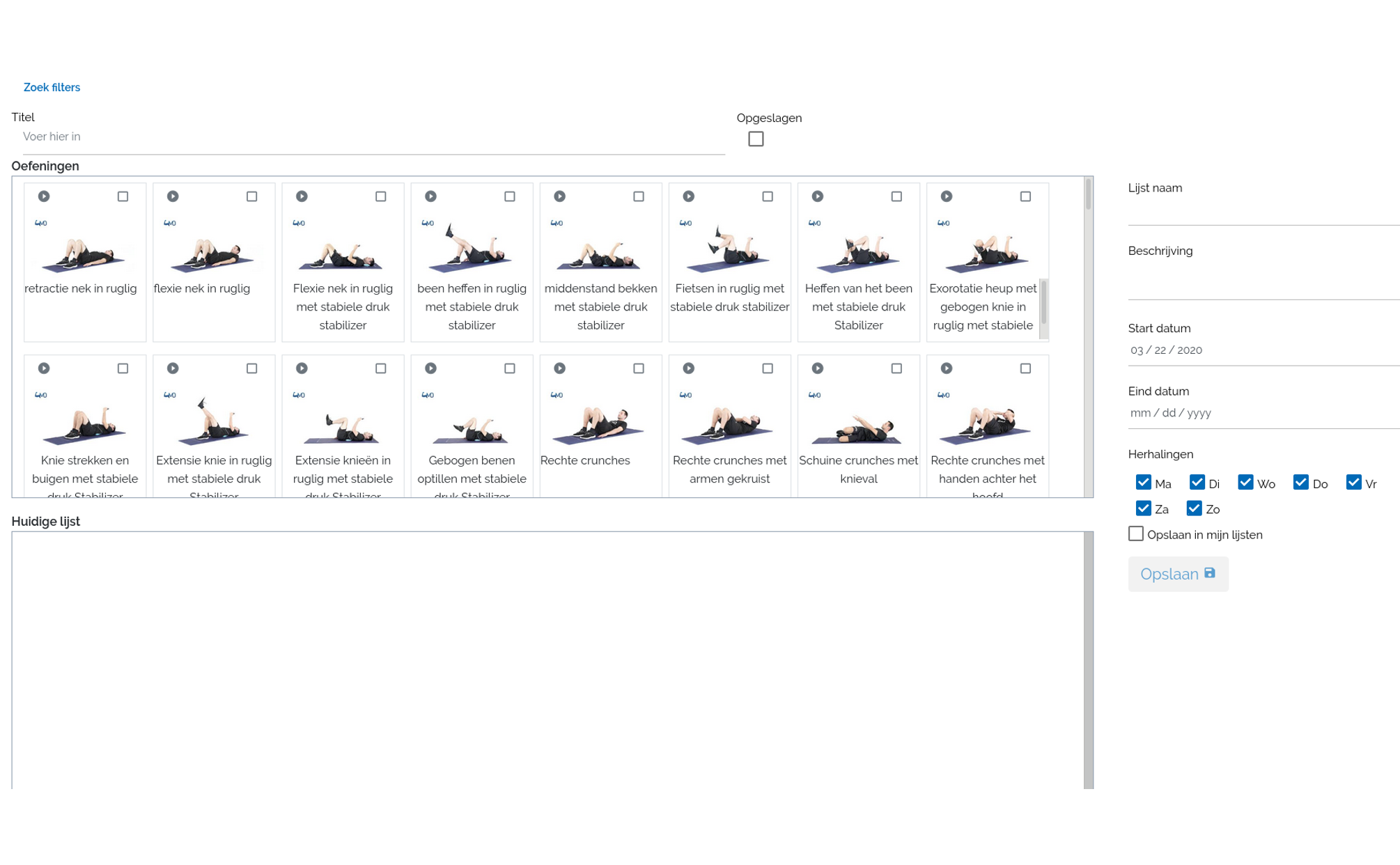 Composing an exercise list in the browser: a grid of exercise thumbnails with a checkbox each, a title search, and on the right the list name, description, start date 22 March 2020, end date and seven weekday checkboxes all ticked.