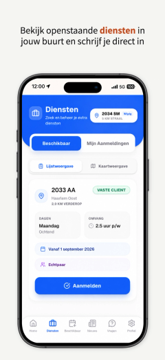 Open shifts near home The shifts screen: a postcode with a six-kilometre radius, a switch between list and map, and one open shift 2.9 km away in Haarlem Oost, Monday morning, 2.5 hours a week, with a sign-up button.
