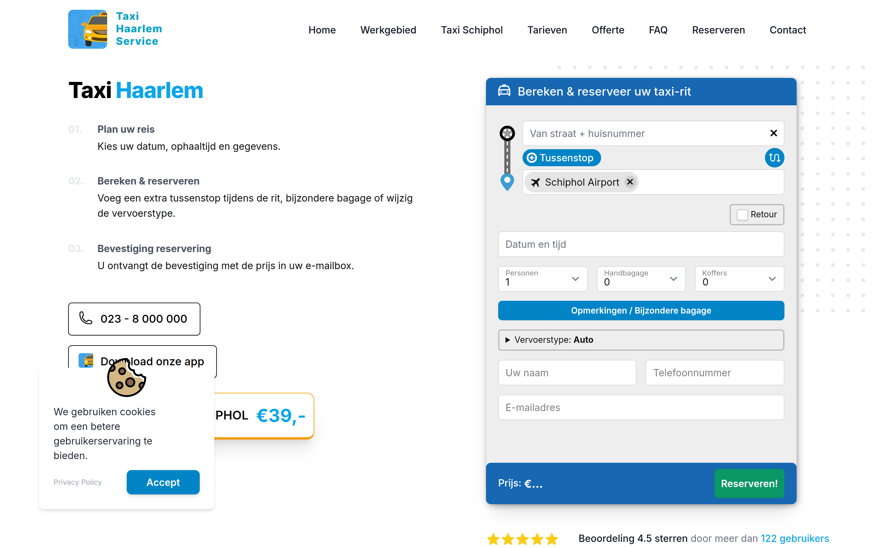 The website’s front page: three numbered steps on the left, the booking form on the right, a phone number, and a rating of 4.5 stars.