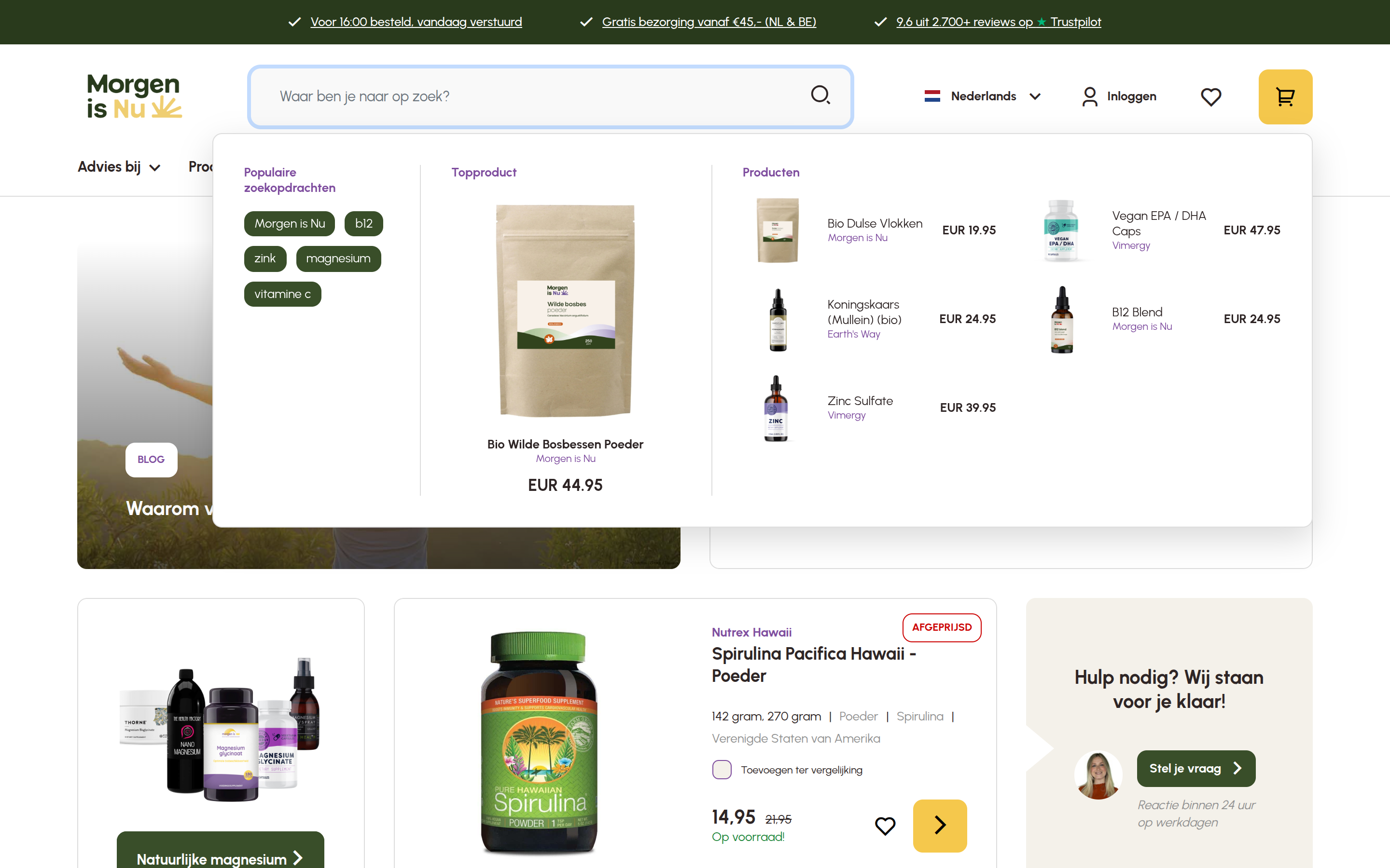 An empty search box showing popular searches and suggested products beneath the green shop header.