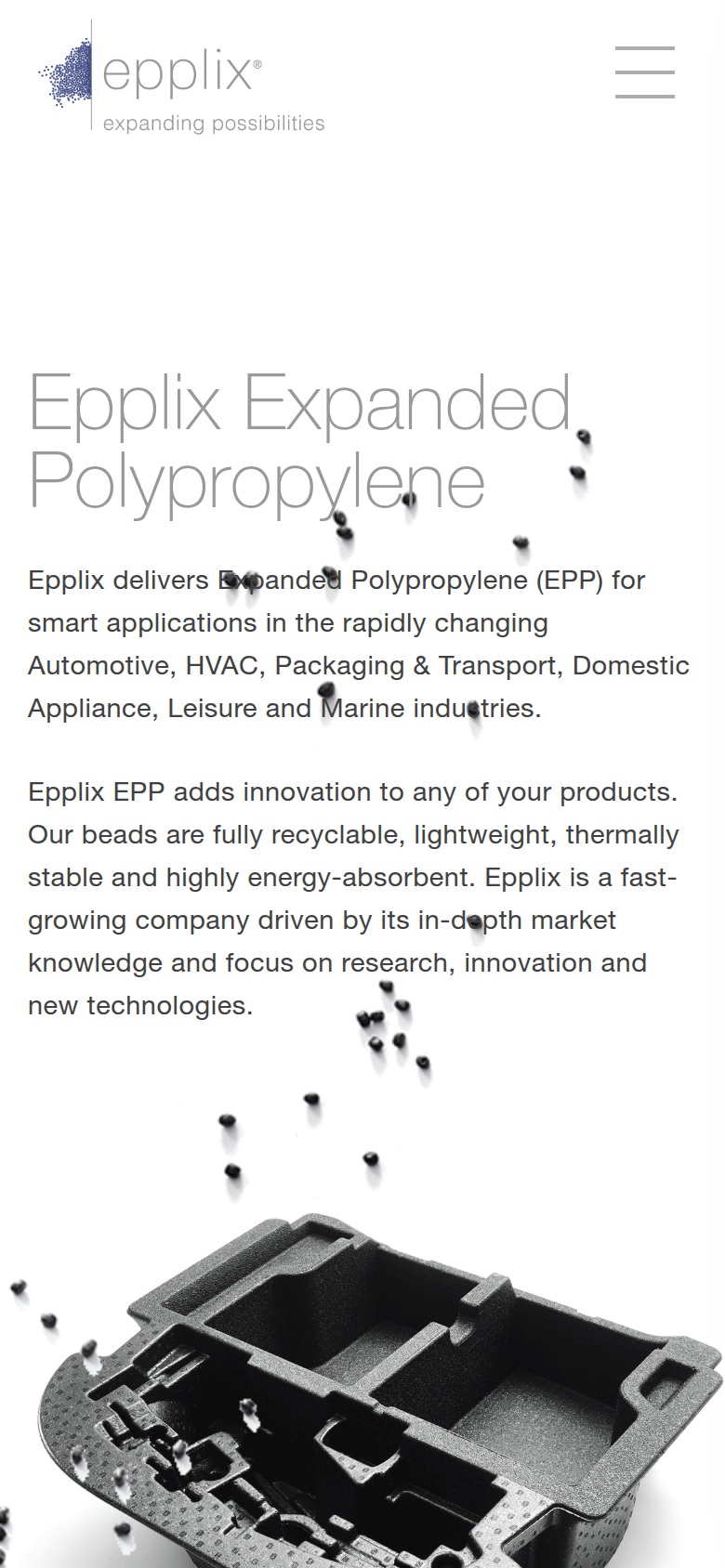 The Epplix home page on a phone: the wordmark, a menu, the heading and text stacked above the photograph of beads.