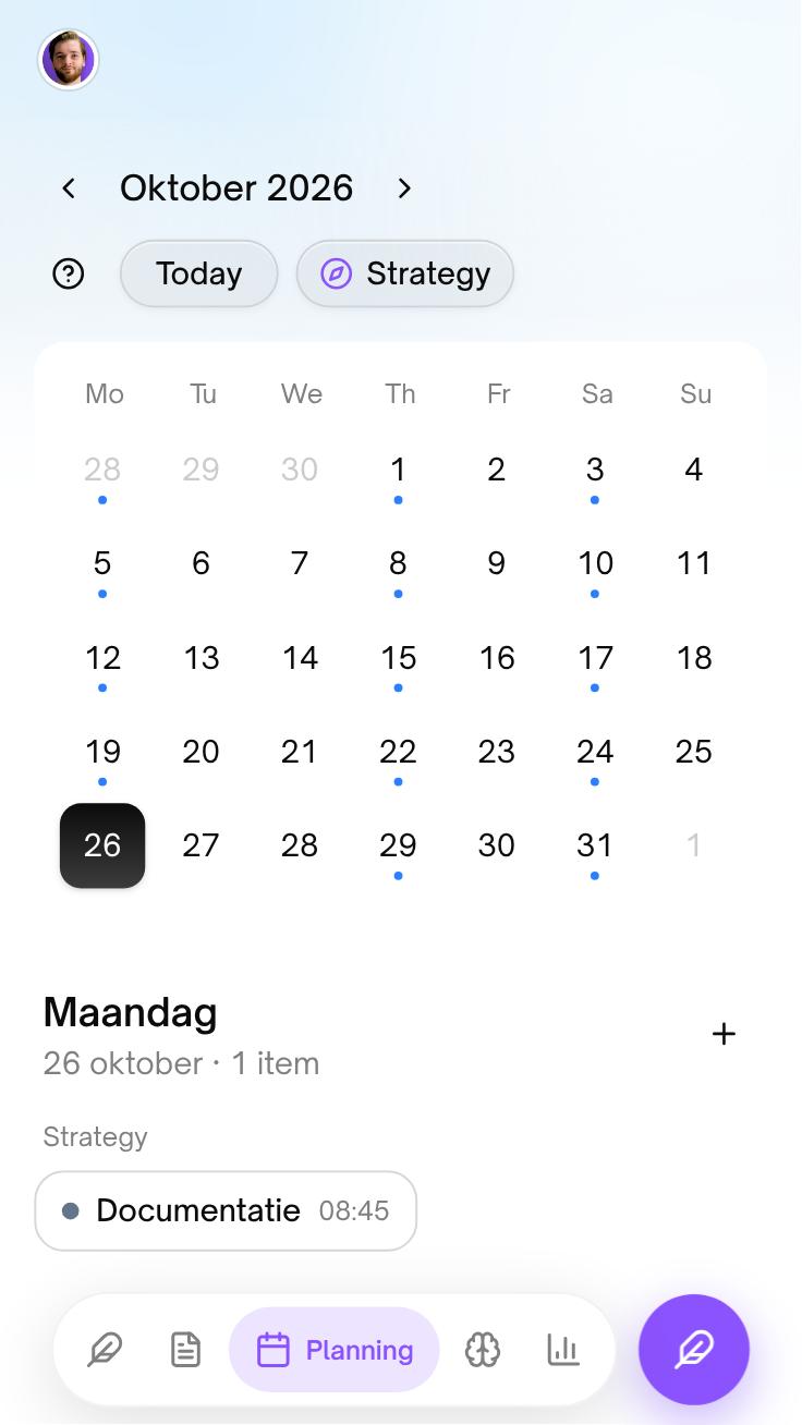The planning calendar on a phone for October 2026, dots under the days with planned posts, Monday the 26th selected with one Documentation post at 08:45, and a bottom navigation bar with a large purple write button.