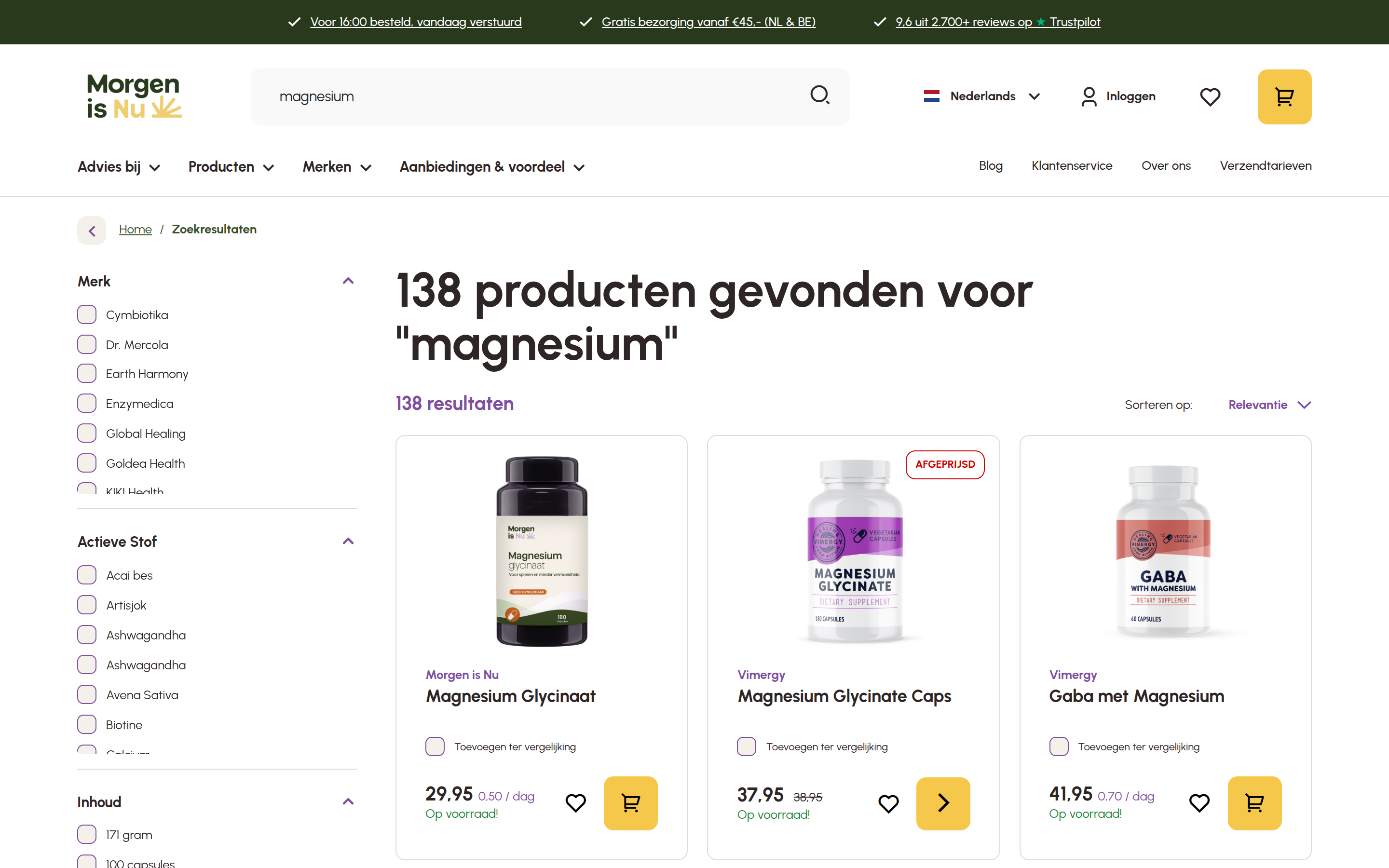 Magnesium search results with filters on the left and product cards showing prices, daily costs and basket buttons.