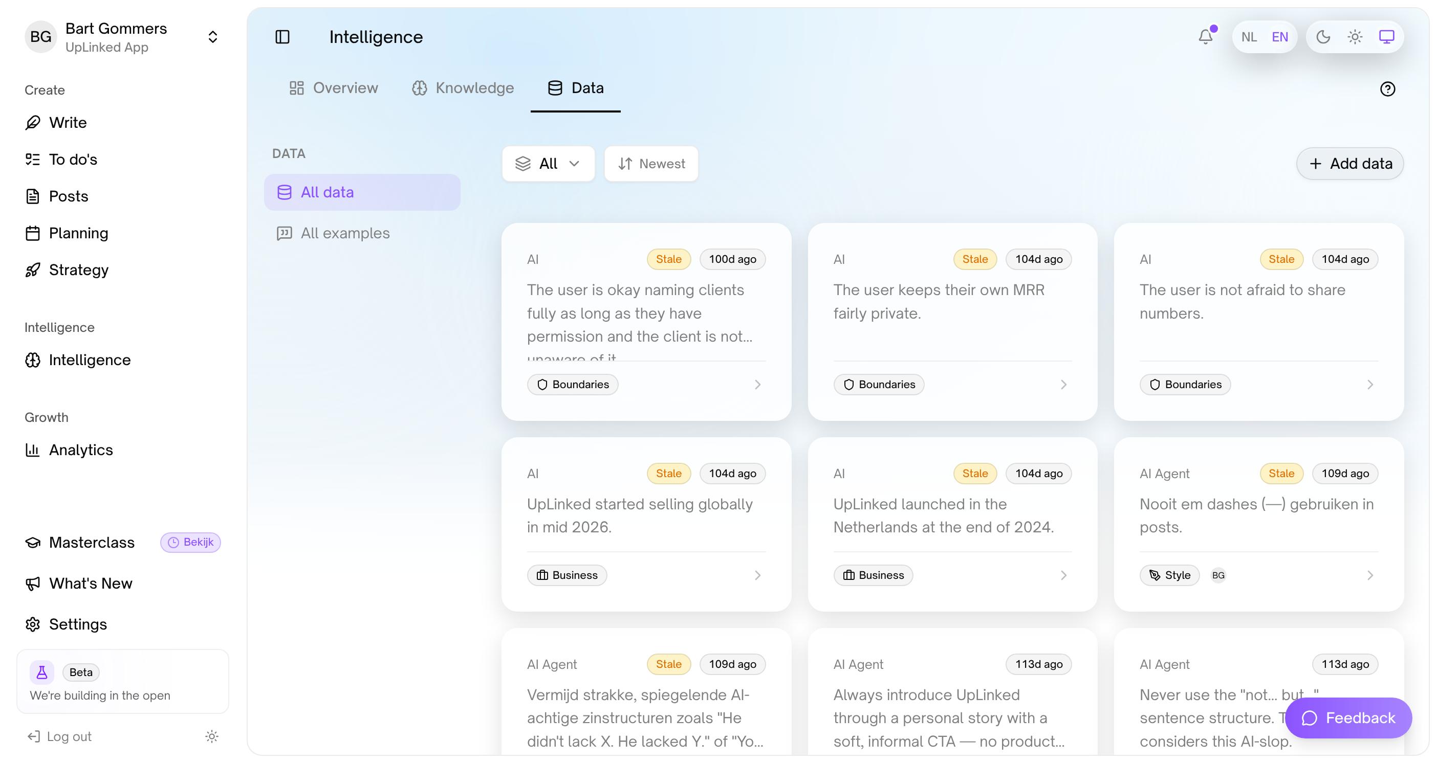 The Data tab: cards of individual data points, such as “The user keeps their own MRR fairly private” and “Never use the not… but… sentence structure”, each tagged with its category and age, some marked Stale.
