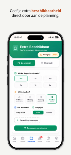 The extra availability form: weekdays to pick, a part of the day, a start date, a choice between always and temporary, and a button to send it to planning.
