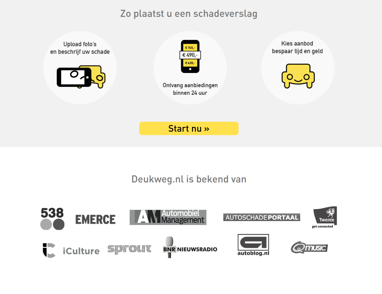The three-step explainer on a grey band, and under it a wall of grey logos: Radio 538, Emerce, Automobiel Management, Autoschadeportaal, Twente, iCulture, Sprout, BNR Nieuwsradio, Autoblog and Qmusic.