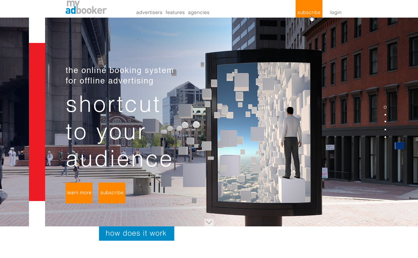 The MyAdbooker home page in January 2014: a street scene with a digital poster, the words “the online booking system for offline advertising” and “shortcut to your audience”, and orange buttons reading learn more and subscribe.