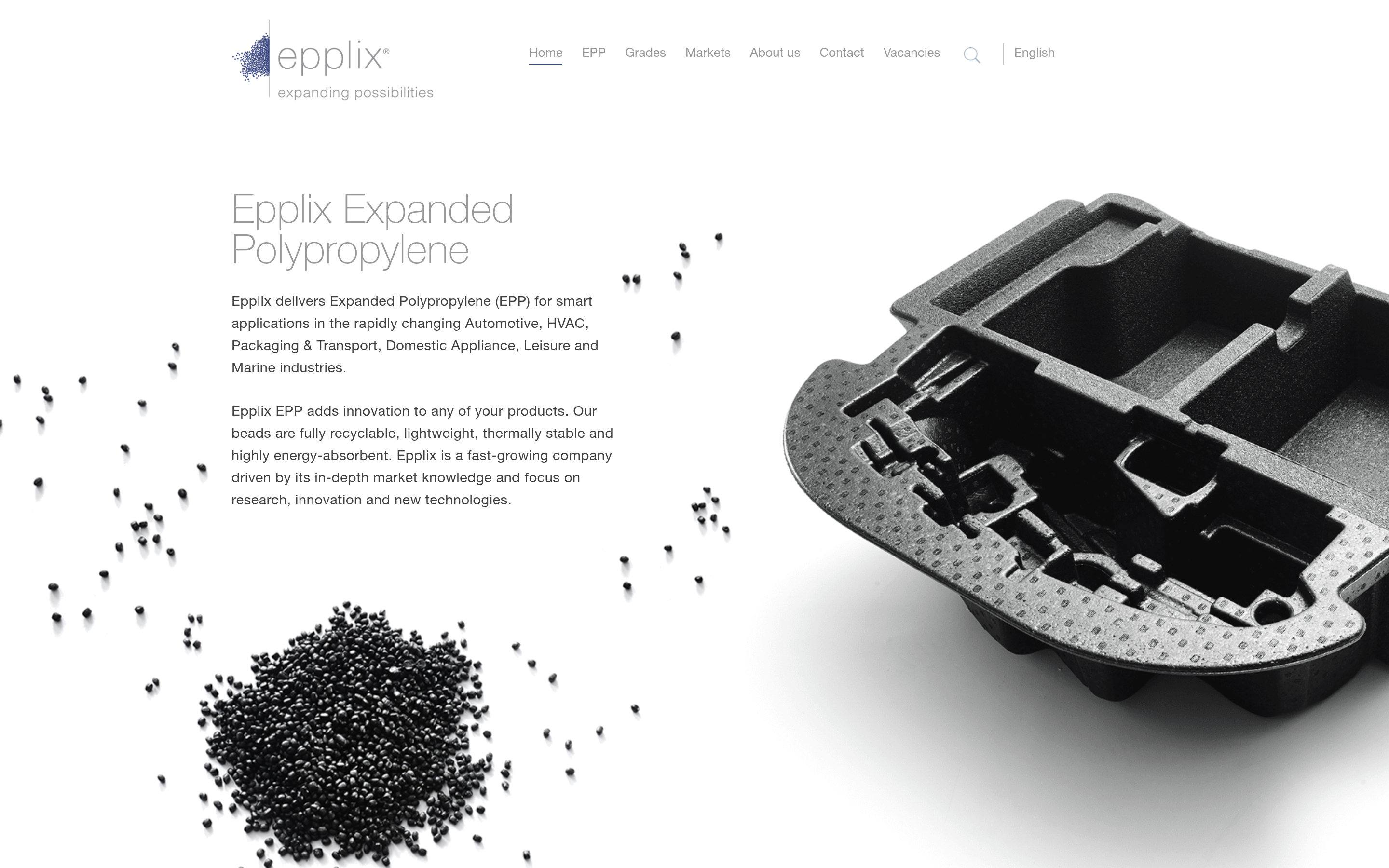 The Epplix home page in 2026, the same layout: the wordmark, a menu now ending in Vacancies, the same heading, paragraphs, beads and moulded part.