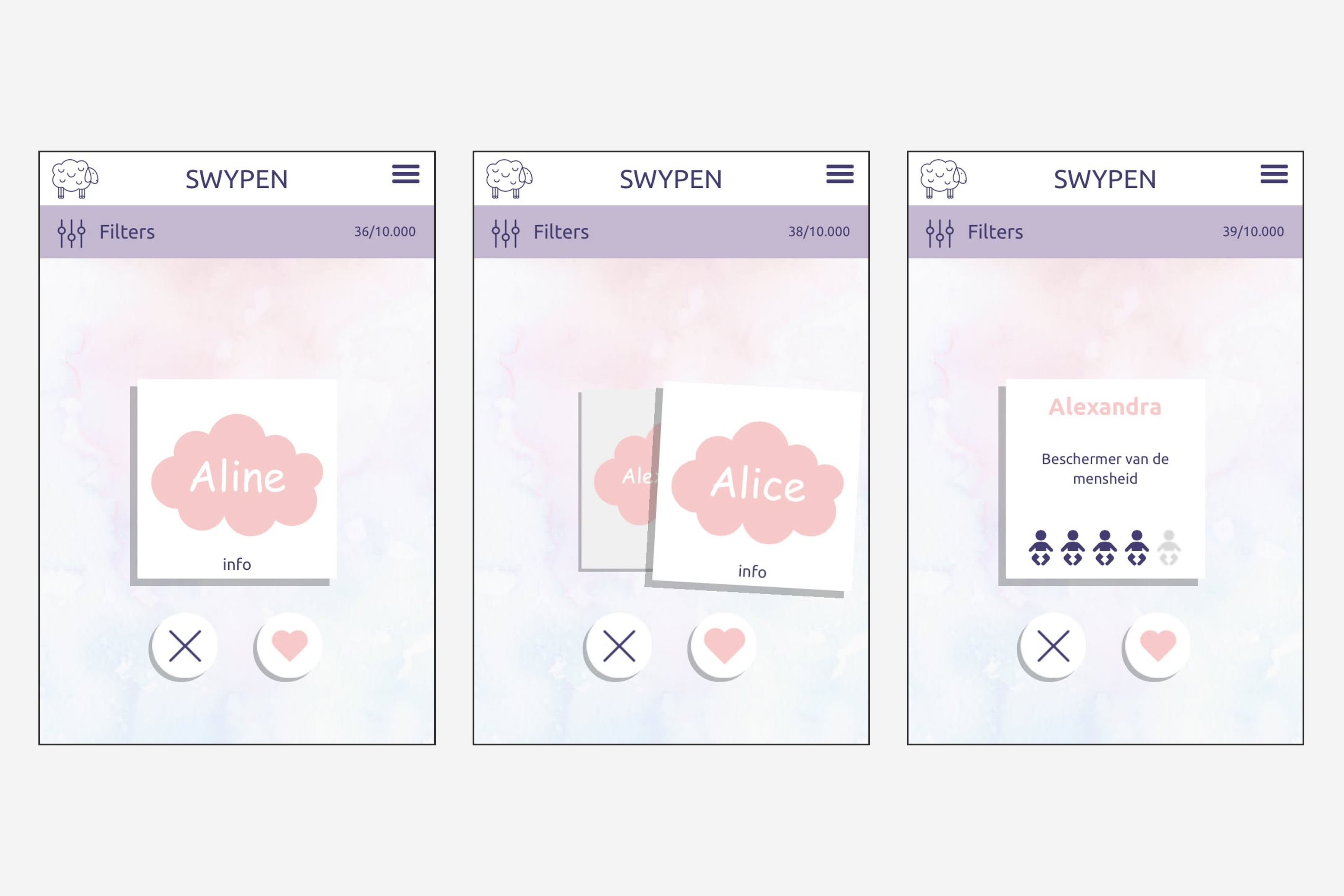 Three phone screens: the swipe screen with the name Aline in a pink cloud on a white card, a cross and a heart button below and a counter of 36 out of 10.000 in the filter bar; the same screen with the card Alice being thrown to the right and Alex showing behind it; and the card turned over for Alexandra, with the meaning “Beschermer van de mensheid” and four of five baby icons filled in.