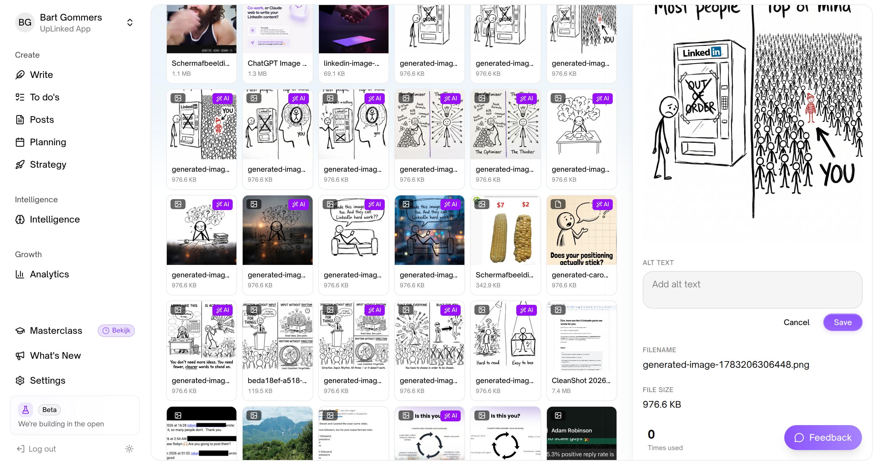 The media library: a grid of generated images in a black-and-white sketch style, many marked AI, and a detail panel with a large image of a man at an out-of-order LinkedIn vending machine, an alt text field and the file size.