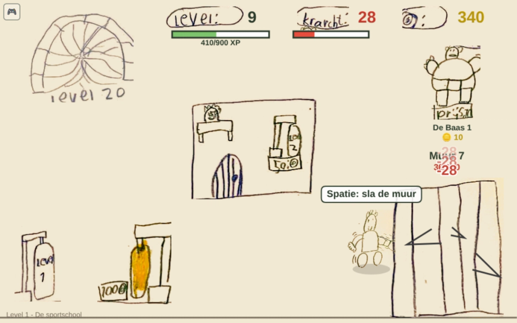 Screenshot of level 1: the drawn gym with a level, kracht and coin counter drawn by hand