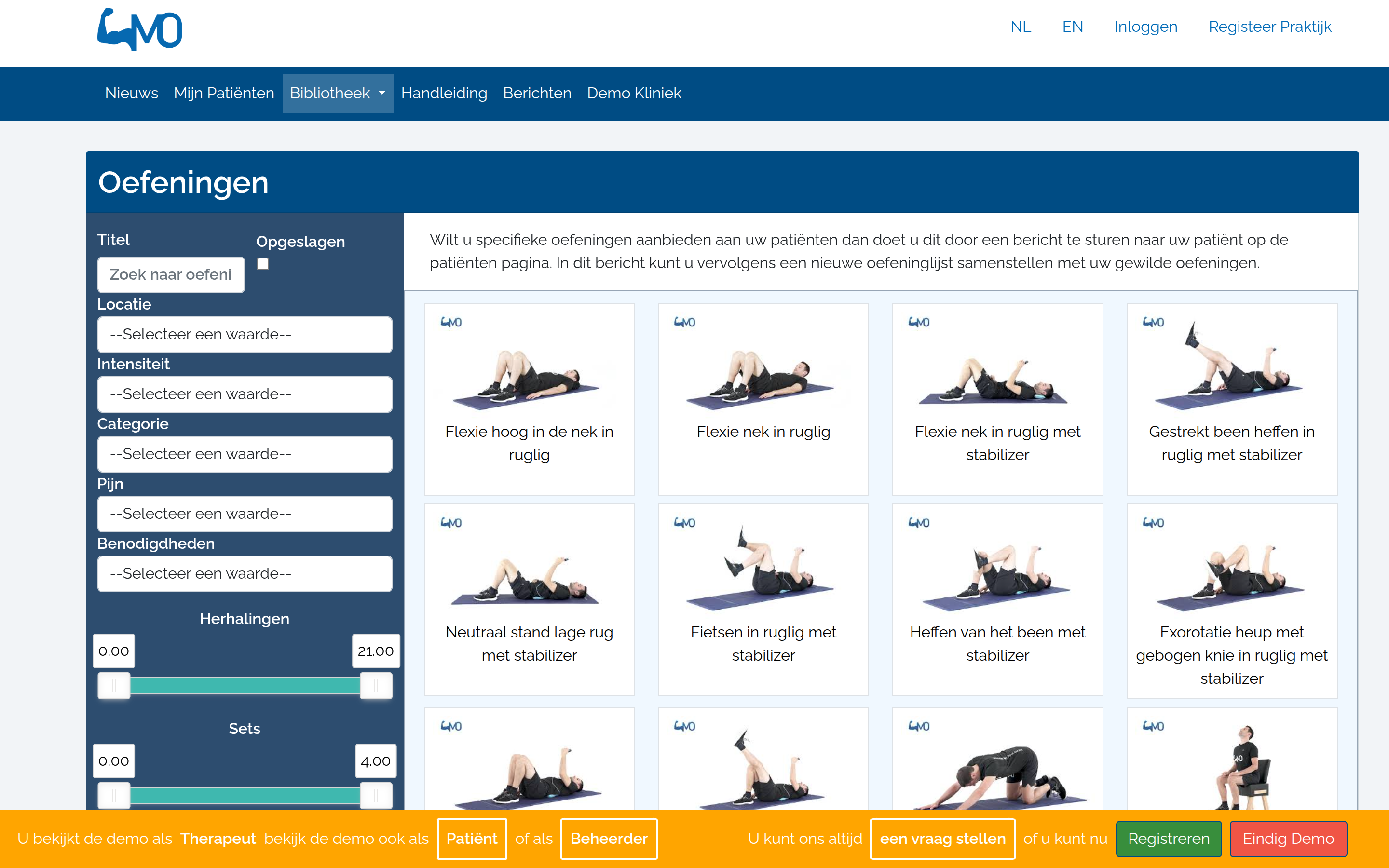 The live site’s therapist demo: the exercise library with attribute filters on the left, a grid of filmed exercises on a blue mat, and an orange demo bar at the foot offering the patient and manager views.