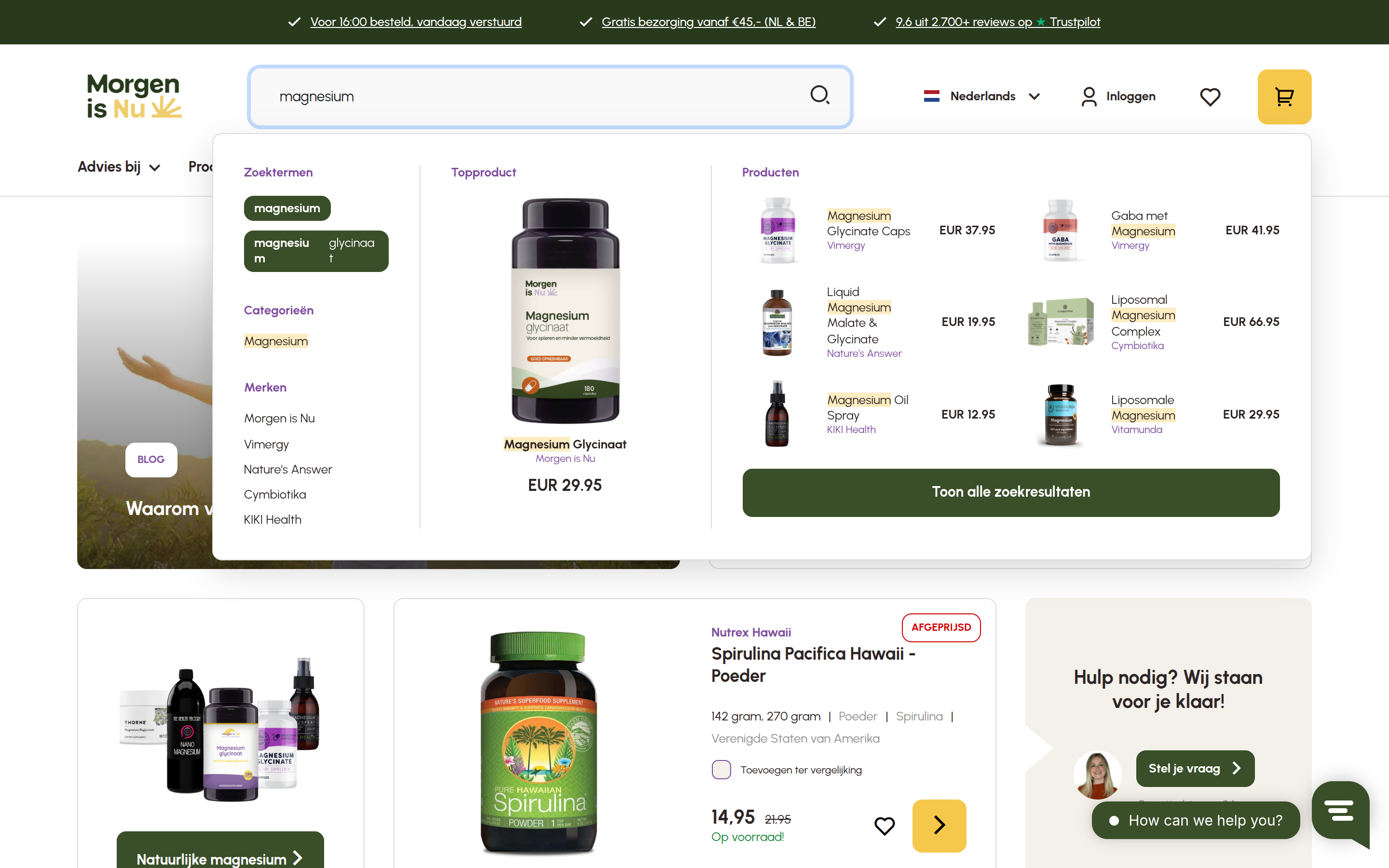 Desktop search for magnesium, with brand and category suggestions beside products and prices in the current green storefront.