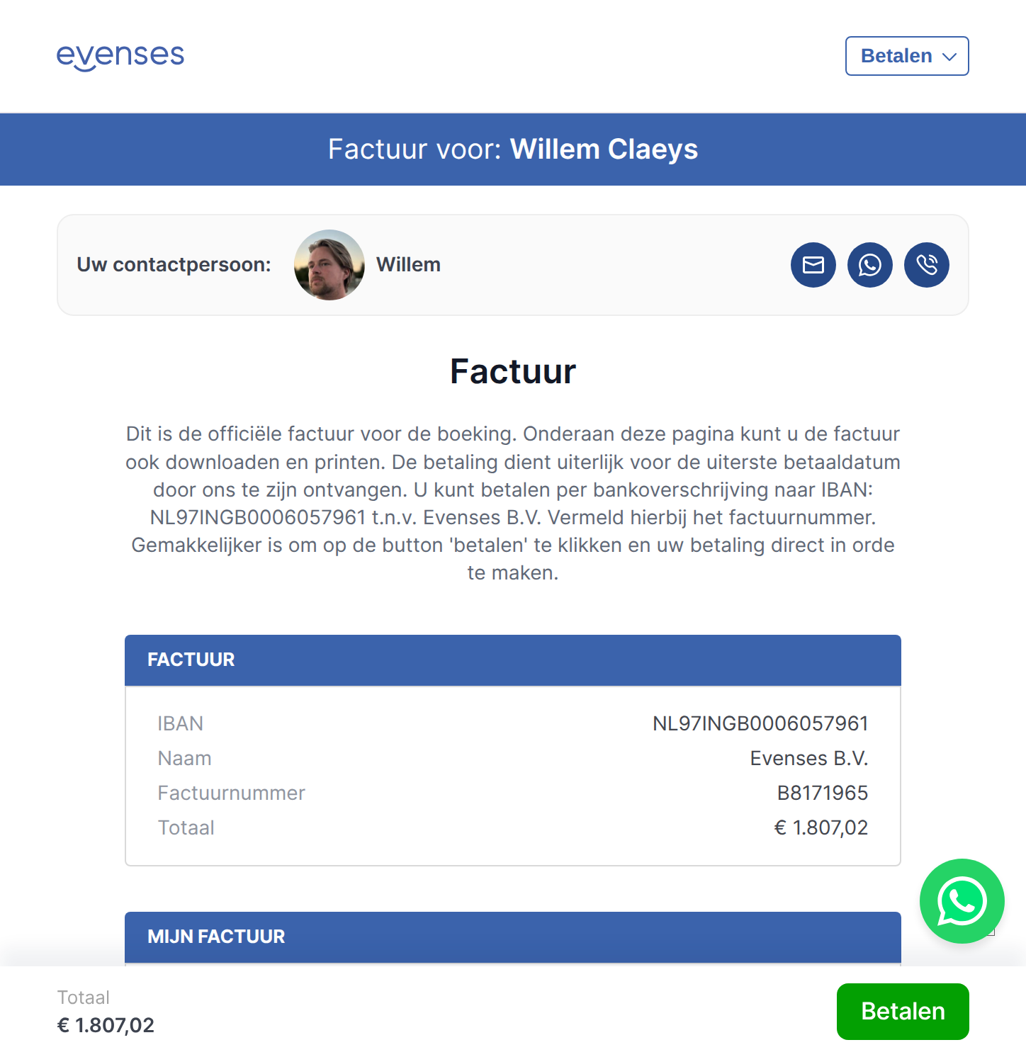 Customer's portal to view bookings and billing