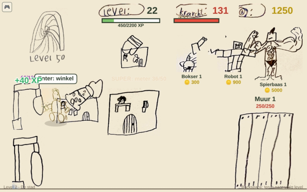 Screenshot of level 2 with the three bosses and three shops