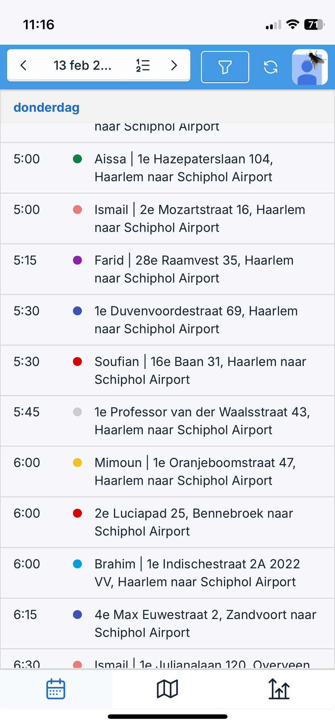 The dispatch board on a phone: a list of rides for a Thursday, each with a time, a coloured status dot, a driver name and the pickup address.