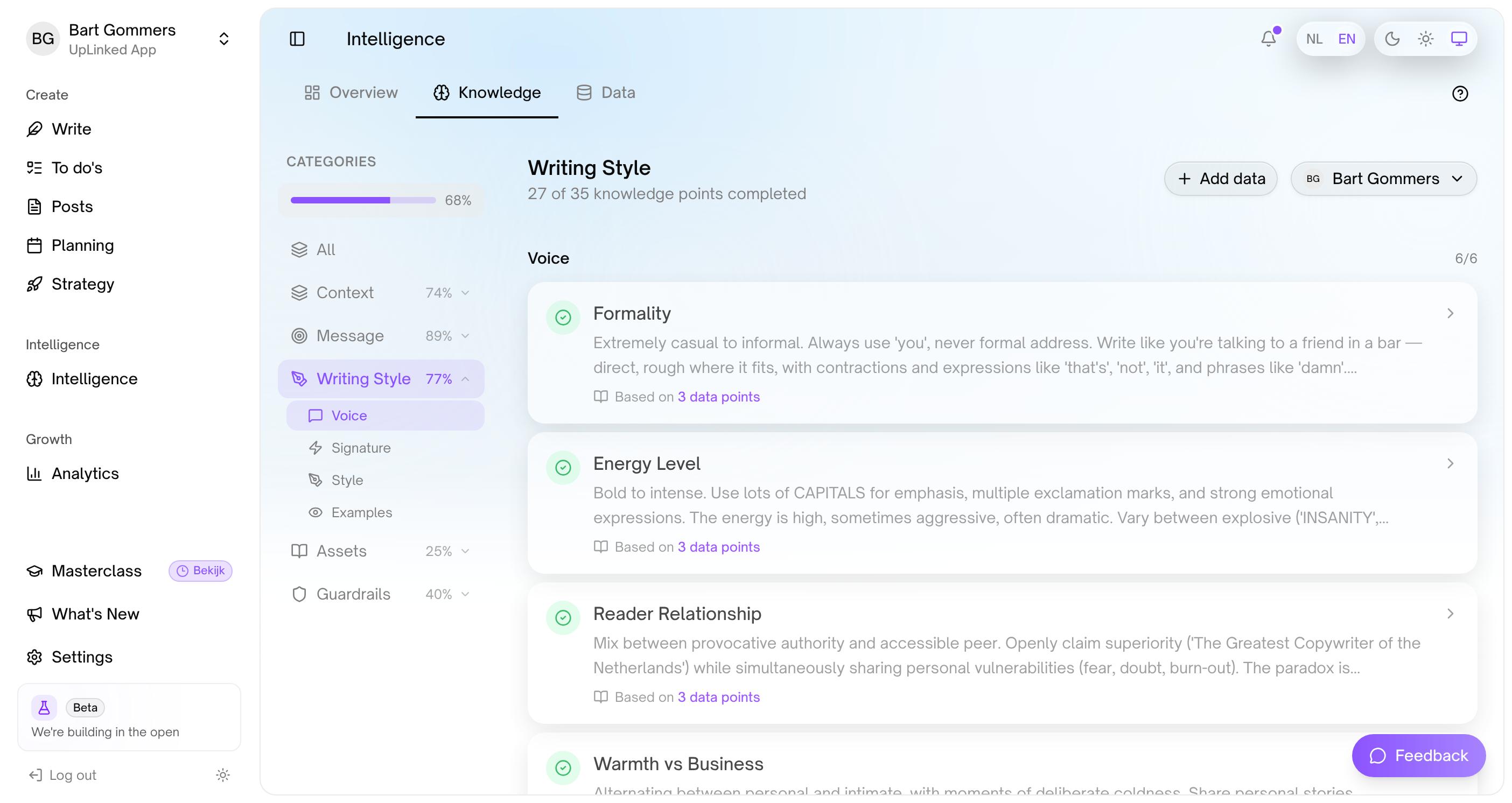 The Knowledge tab, Writing Style, Voice: elements for Formality, Energy Level and Reader Relationship, each a short description of how this user writes and “Based on 3 data points”.