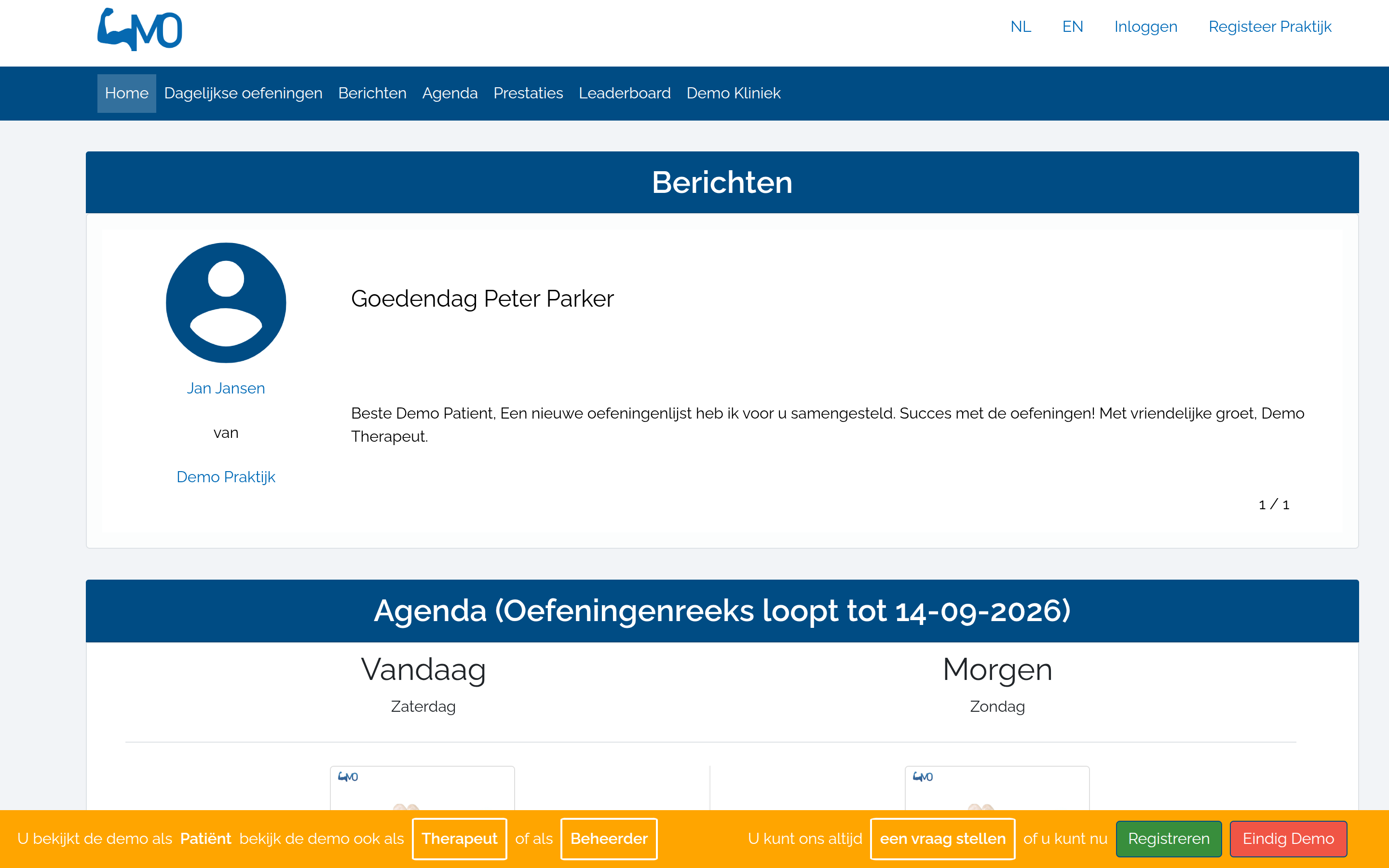 The live site’s patient demo: a message from a demo therapist, then an agenda with today’s and tomorrow’s exercises, and the demo bar at the foot.