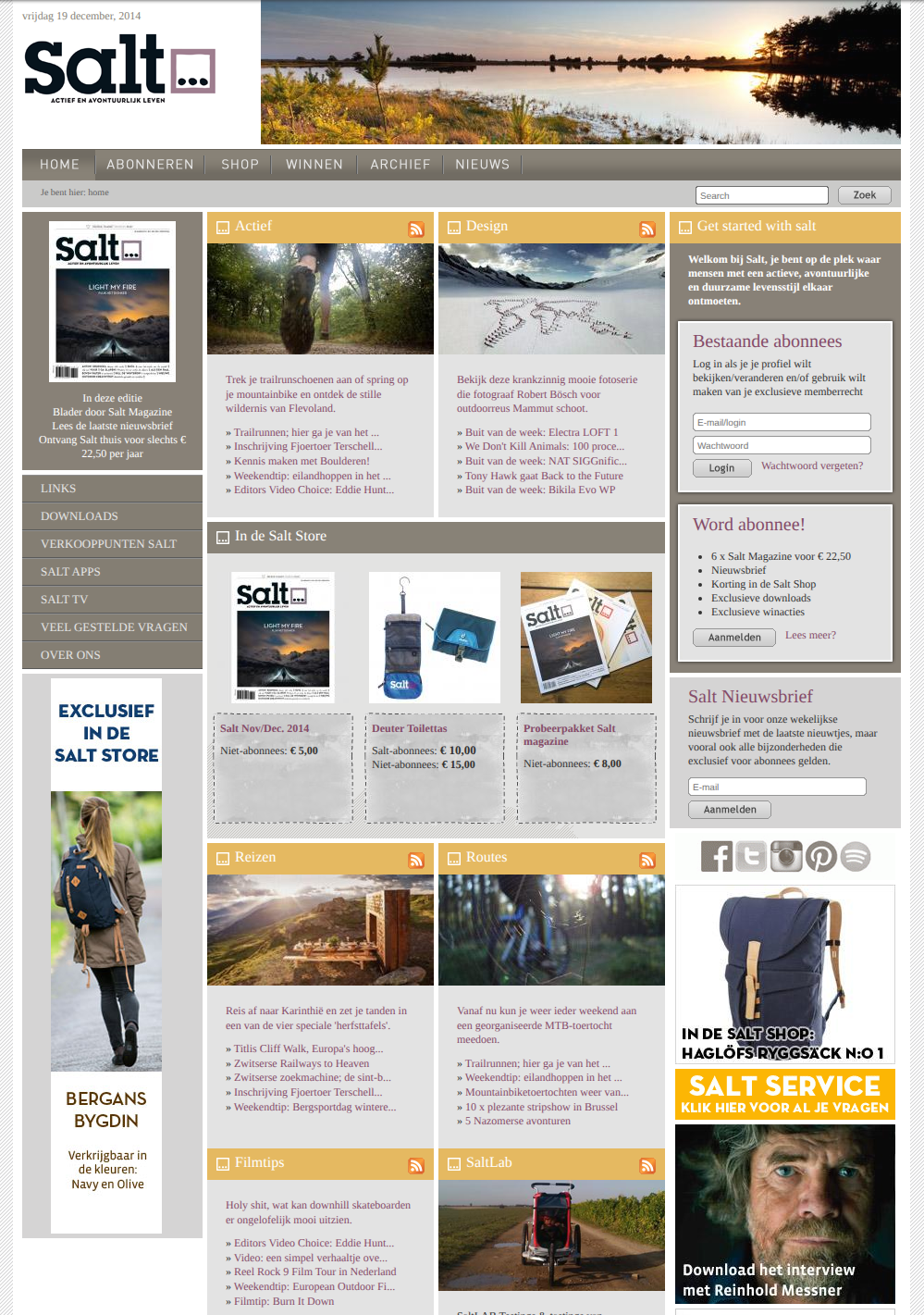 The Salt Magazine home page on 19 December 2014: a photograph of a lake at sunset under the masthead, a navigation bar with Home, Abonneren, Shop, Winnen, Archief and Nieuws, the current issue and site links on the left, six article sections and a store with subscriber and non-subscriber prices in the middle, and a subscriber login, a "Word abonnee" box, a newsletter form, social icons and advertisements on the right.