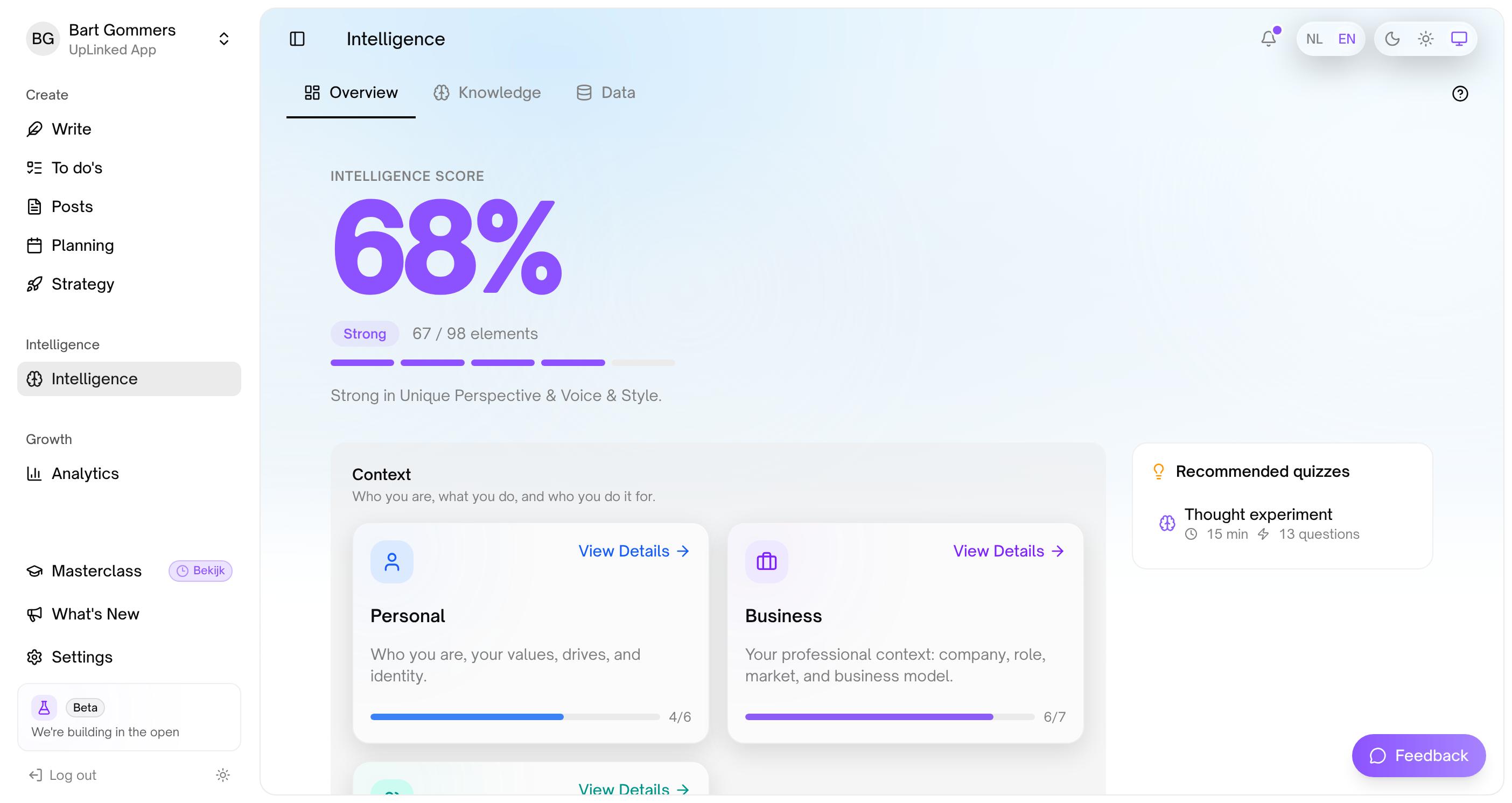 The Intelligence overview: a large purple score of 68%, “Strong”, 67 of 98 elements, strong in Unique Perspective and Voice & Style, with cards for Personal and Business context and a recommended quiz.